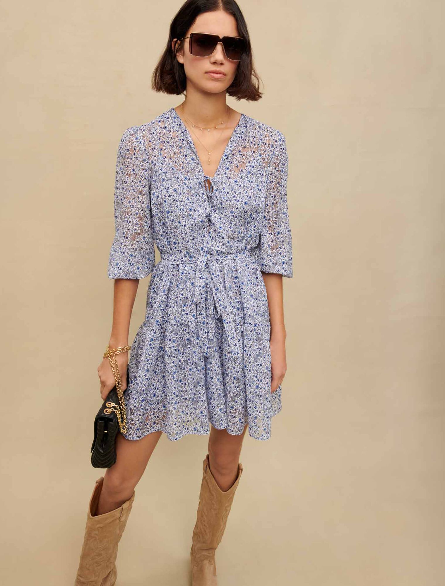 Blue belted baby doll dress