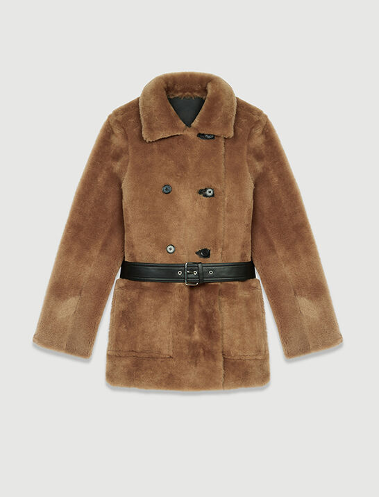 Reversible shearling coat Black / Gray For Women | Maje Reversible shearling coat Black / Gray For Women | Maje