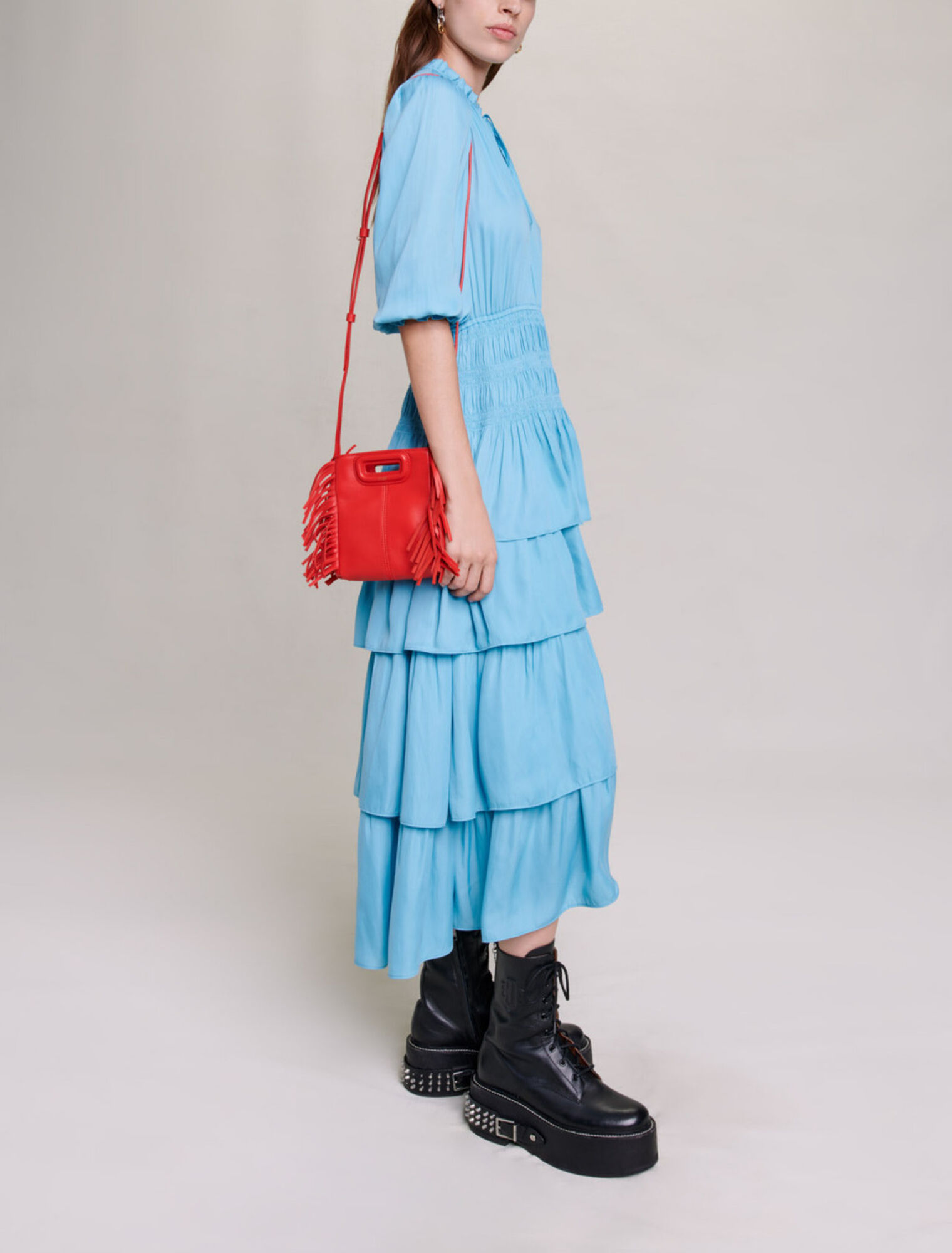 Long satiny dress with ruffles