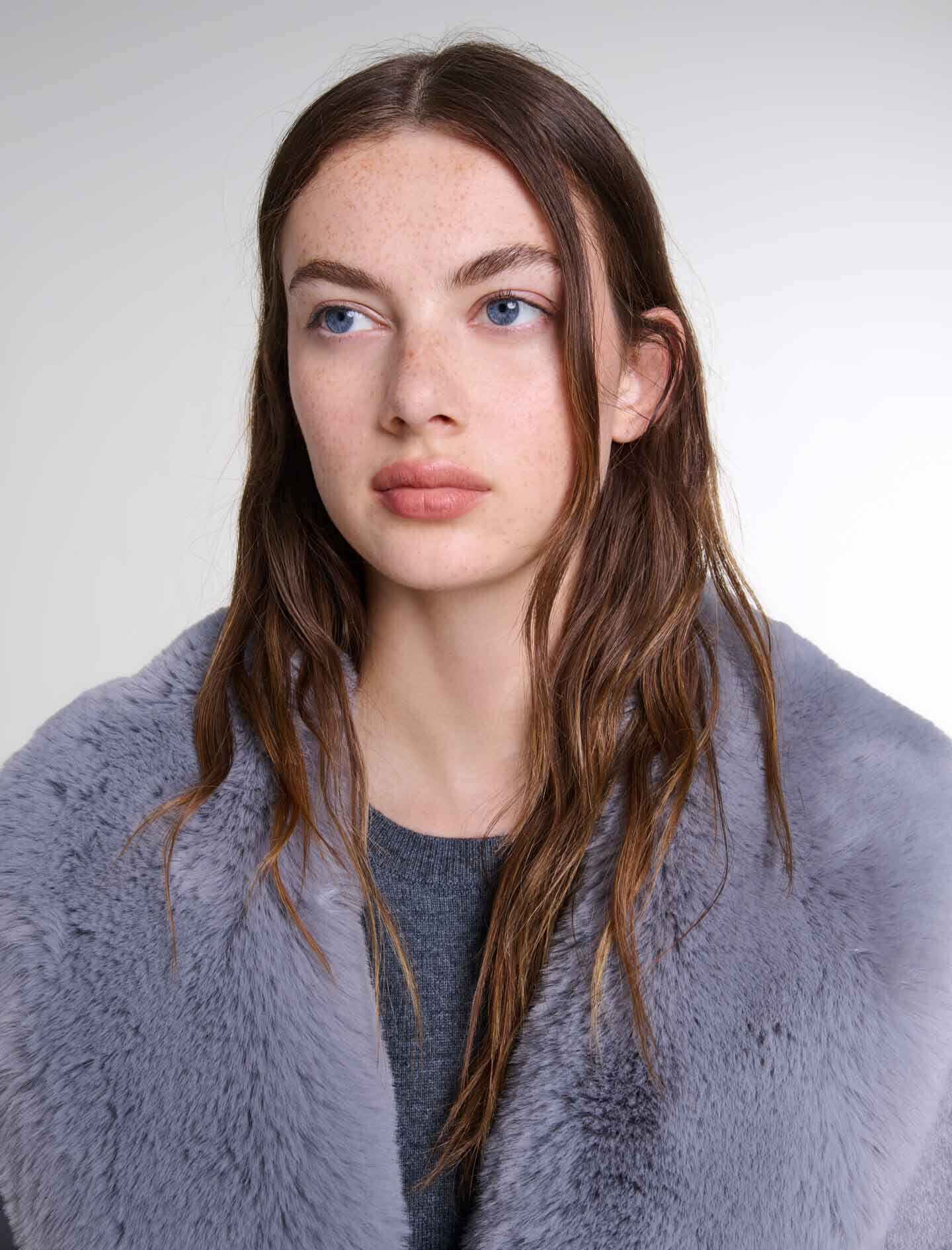 Long coat with faux fur collar Black / Gray For Women | Maje Long coat with faux fur collar Black / Gray For Women | Maje