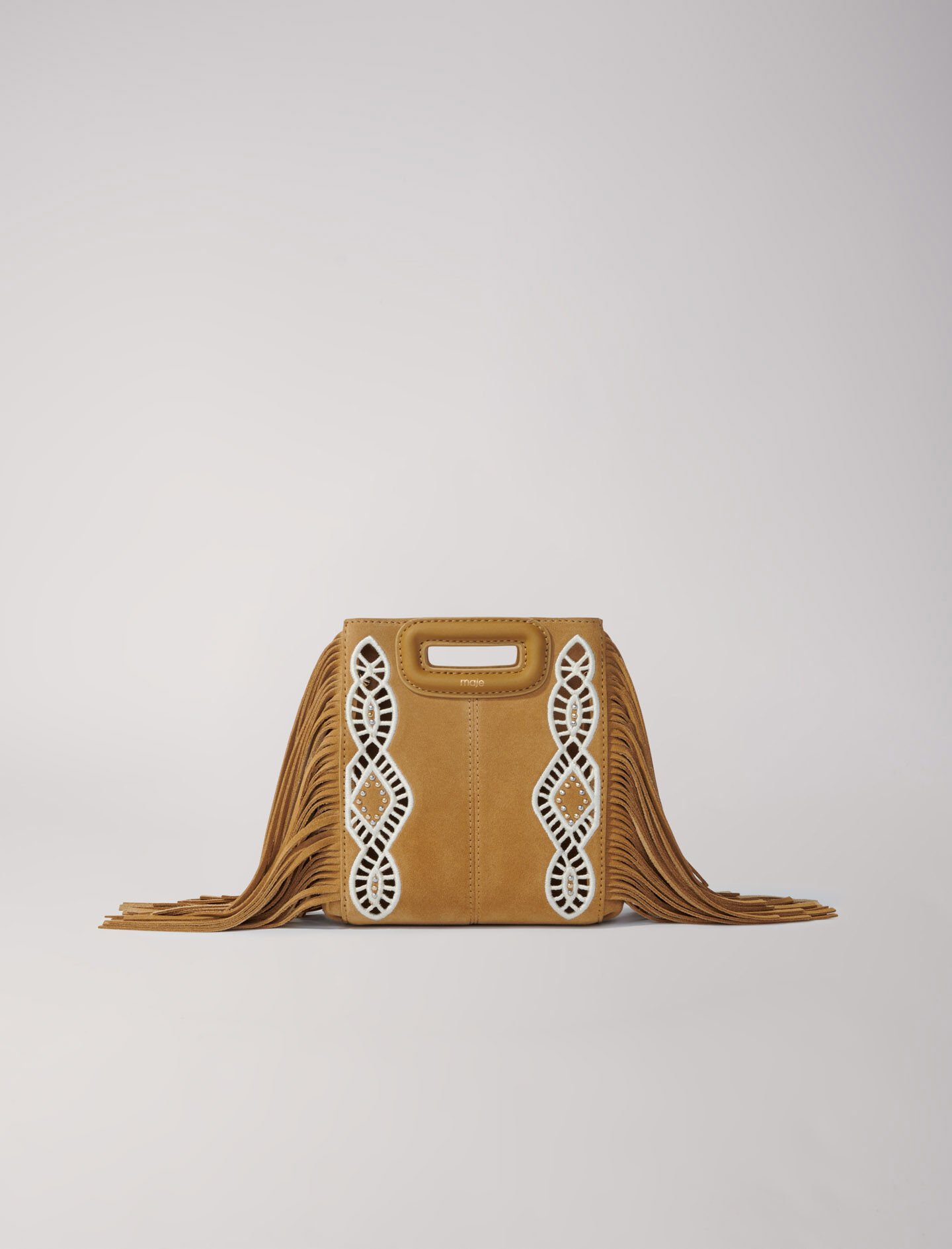 Embroidered suede fringed M mini bag Brown For Women | Maje
