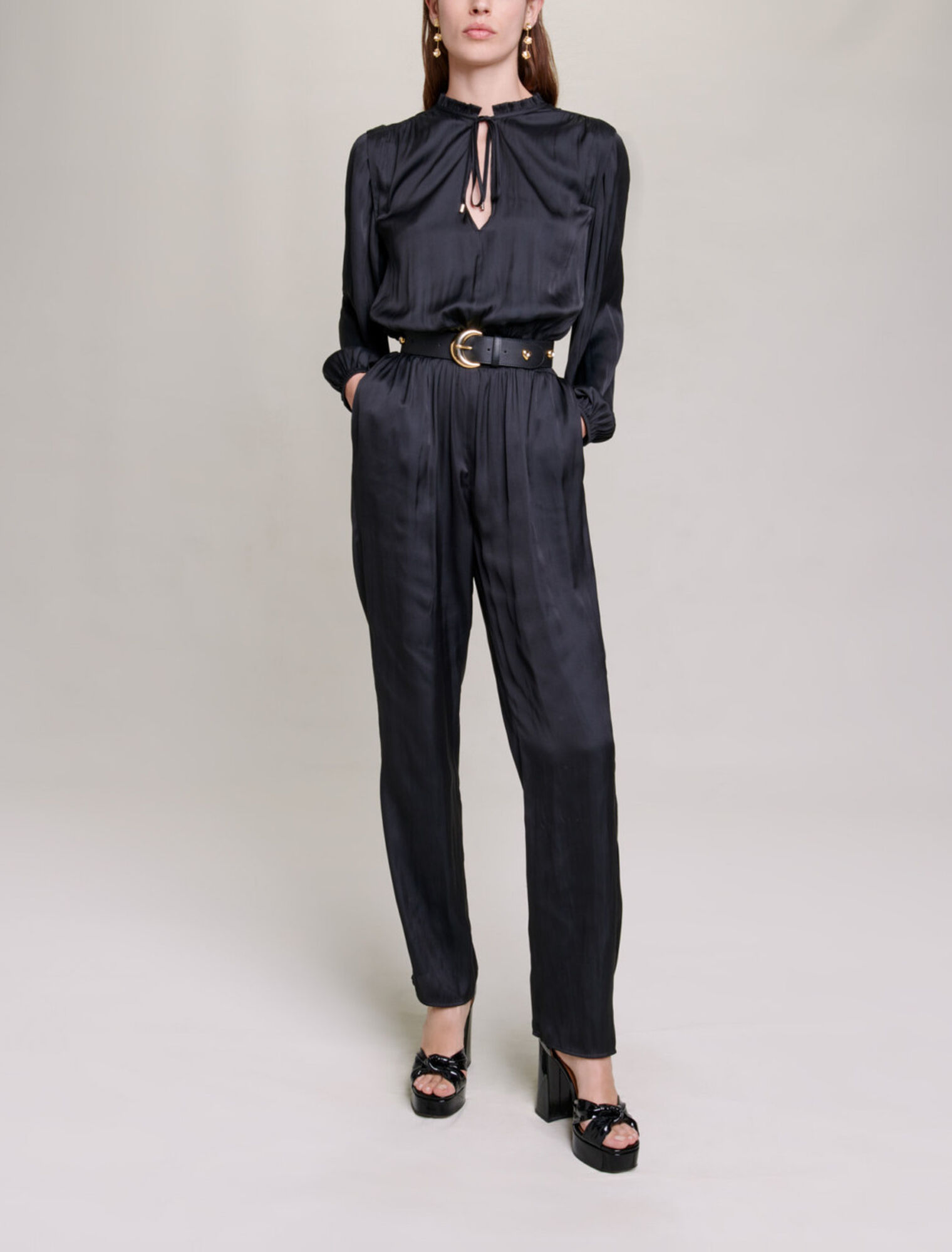 Long black cinched jumpsuit
