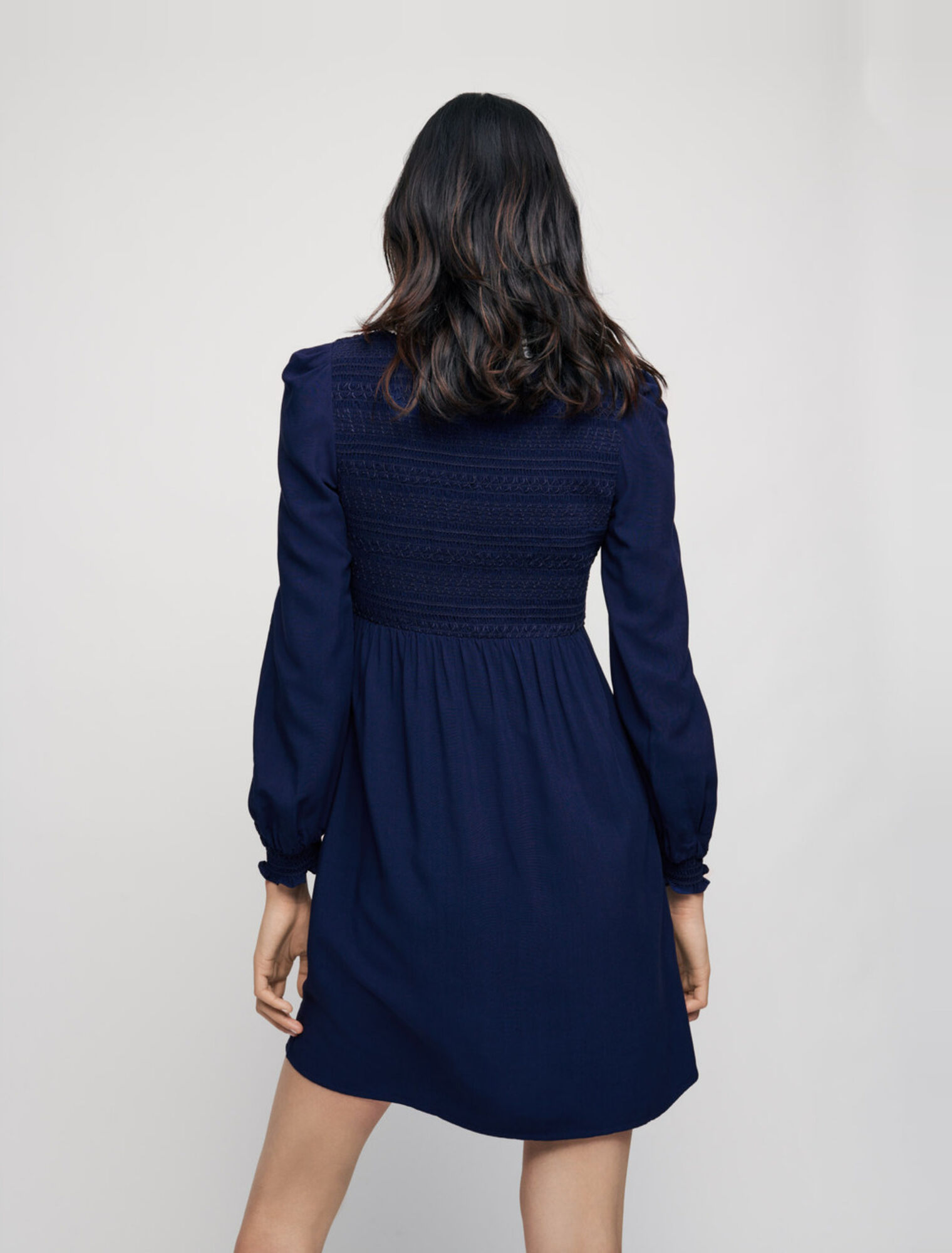 Smocked dress with guipure collar