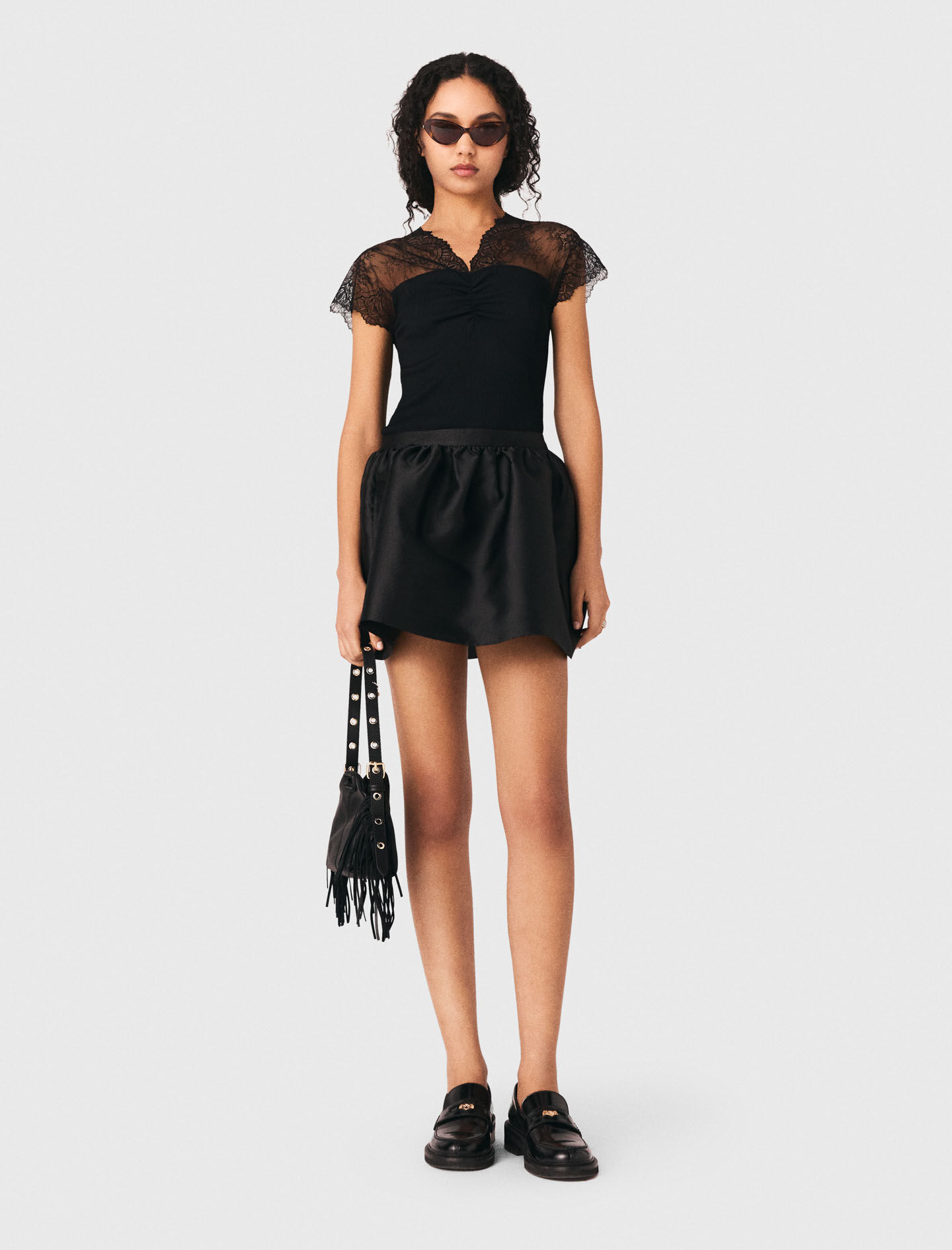 Jersey top with lace trim Black / Gray For Women | Maje