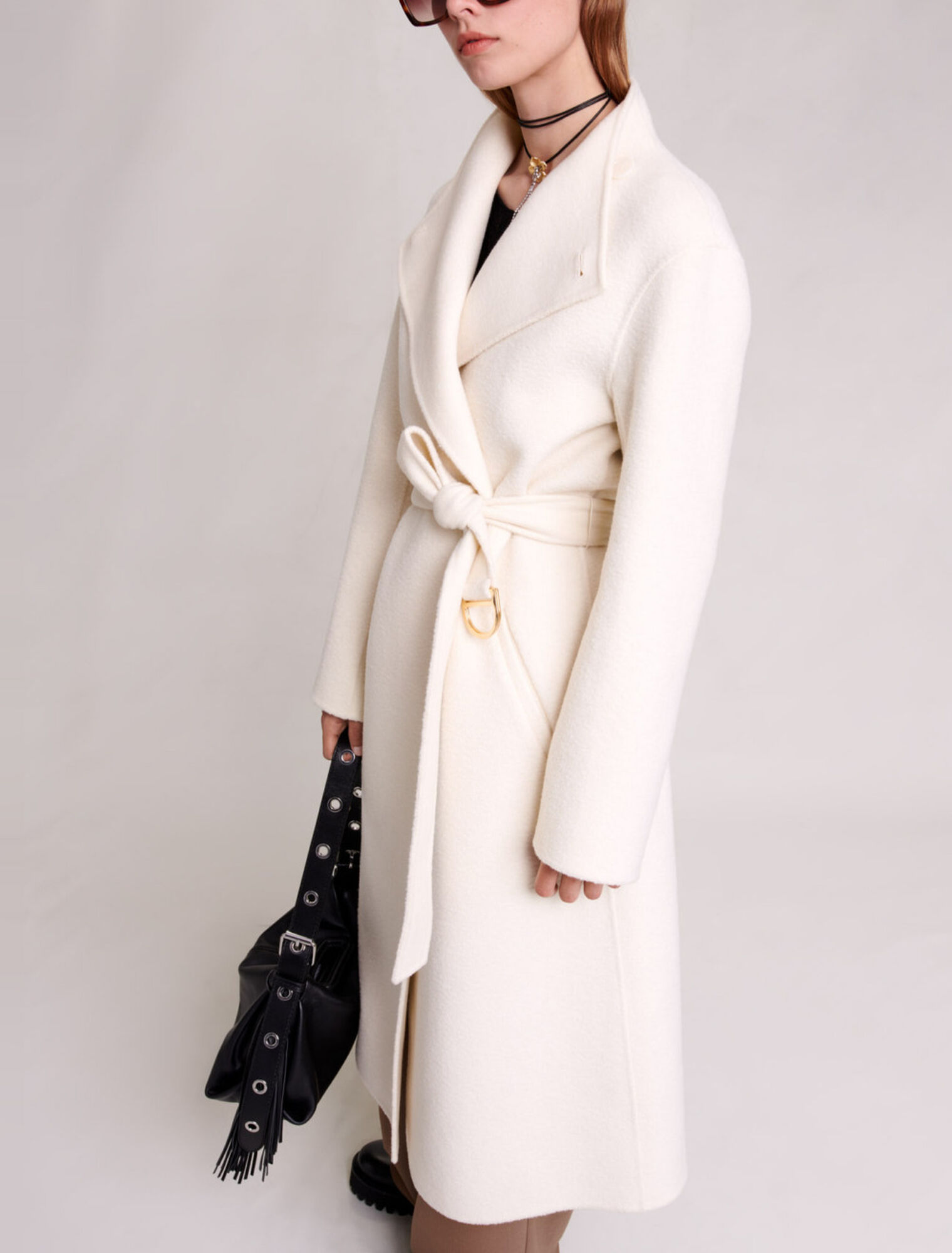 Mid-length coat with tie fastening