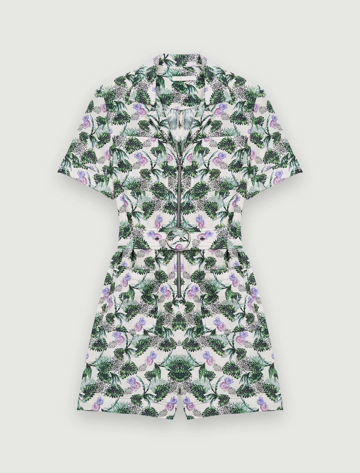 Short jumpsuit in printed viscose linen