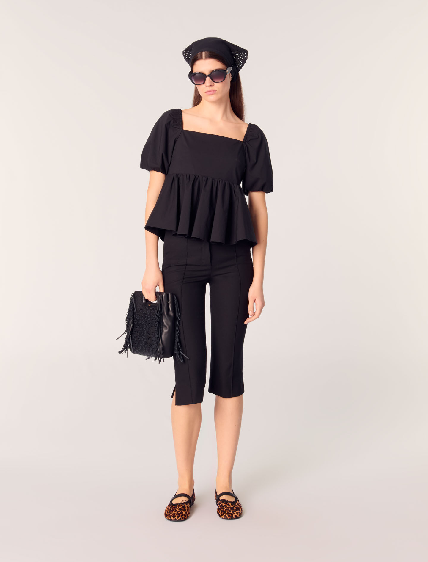 Poplin top with balloon sleeves Black / Gray For Women | Maje