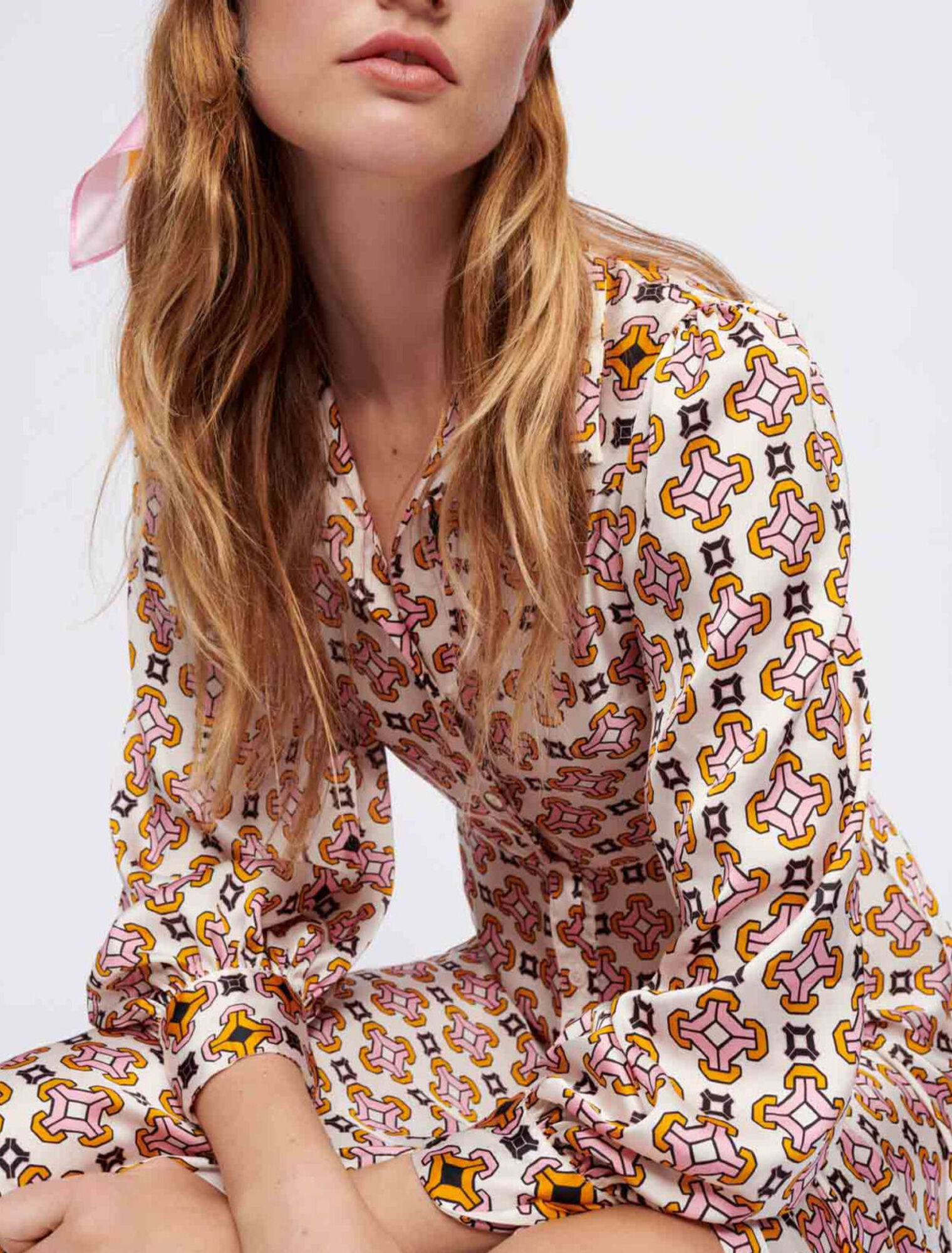 Printed satin shirt dress
