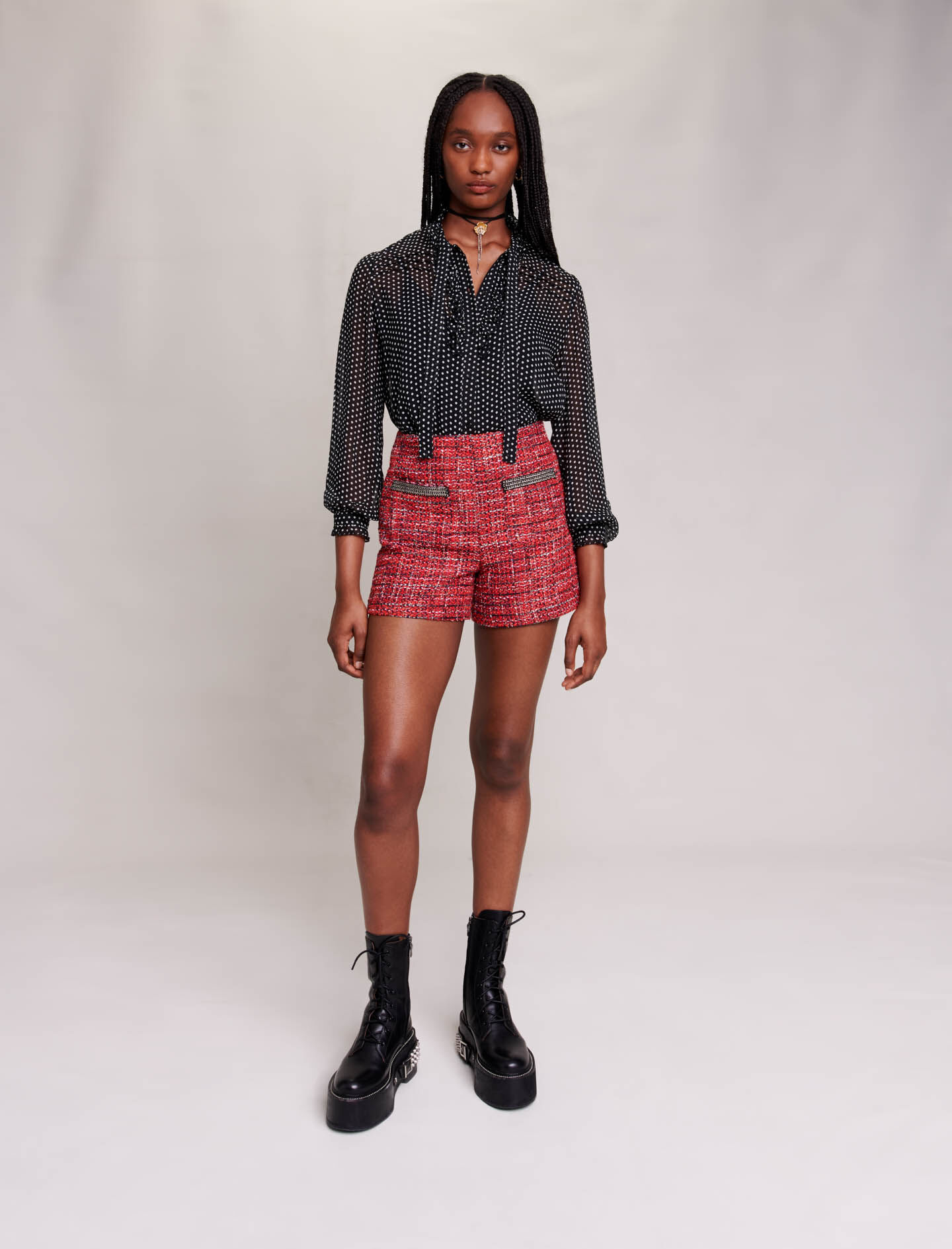 Red and black polka dot blouse sales
