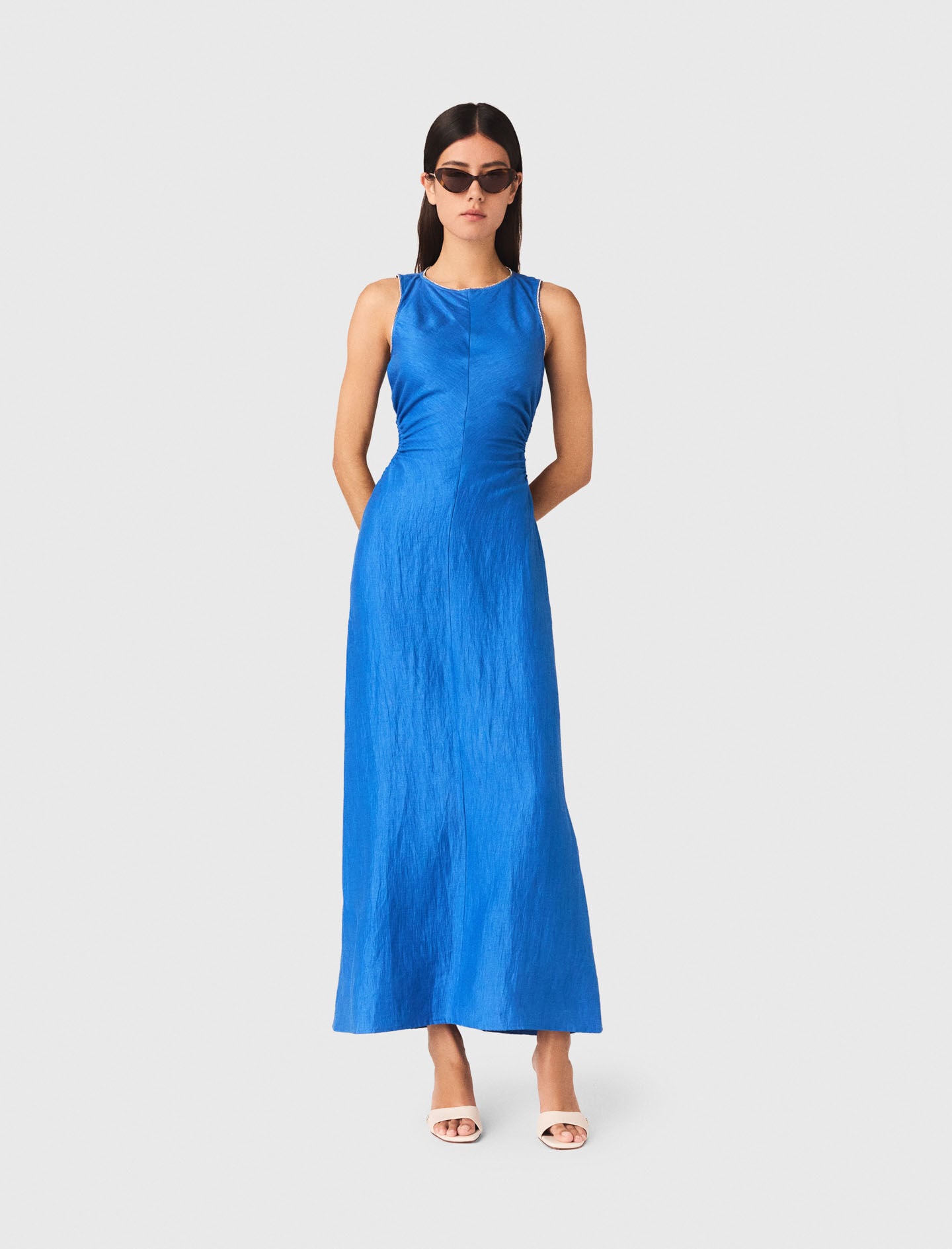Backless Linen-Blend Midi Dress Blue For Women | Maje