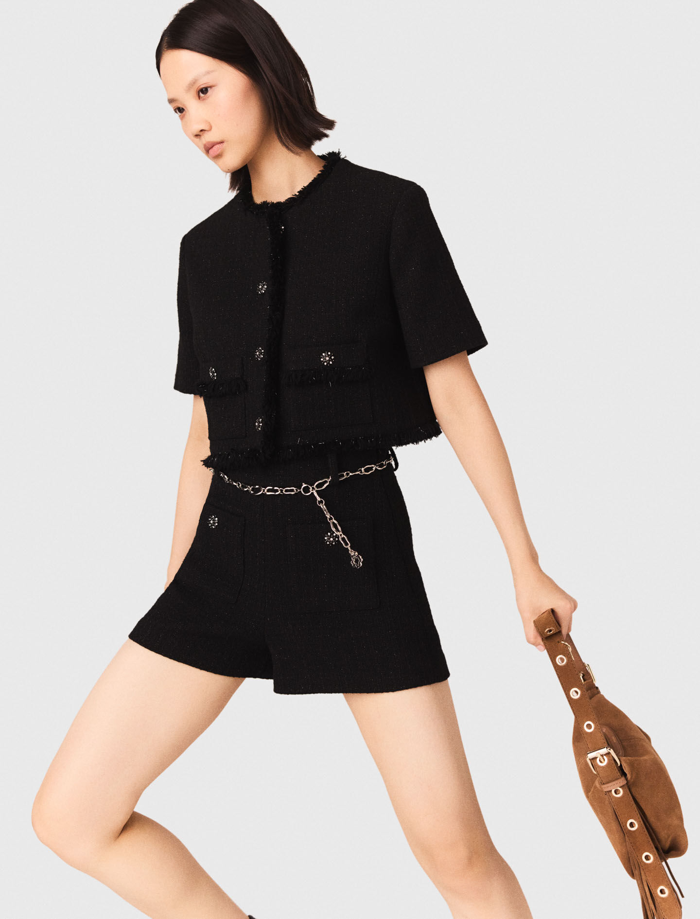 Shiny tweed shorts Black / Gray For Women | Maje