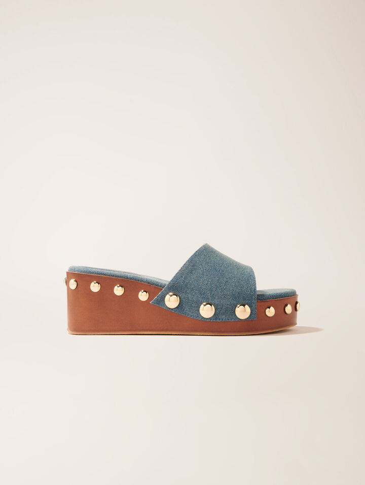 Denim studded wedge mules