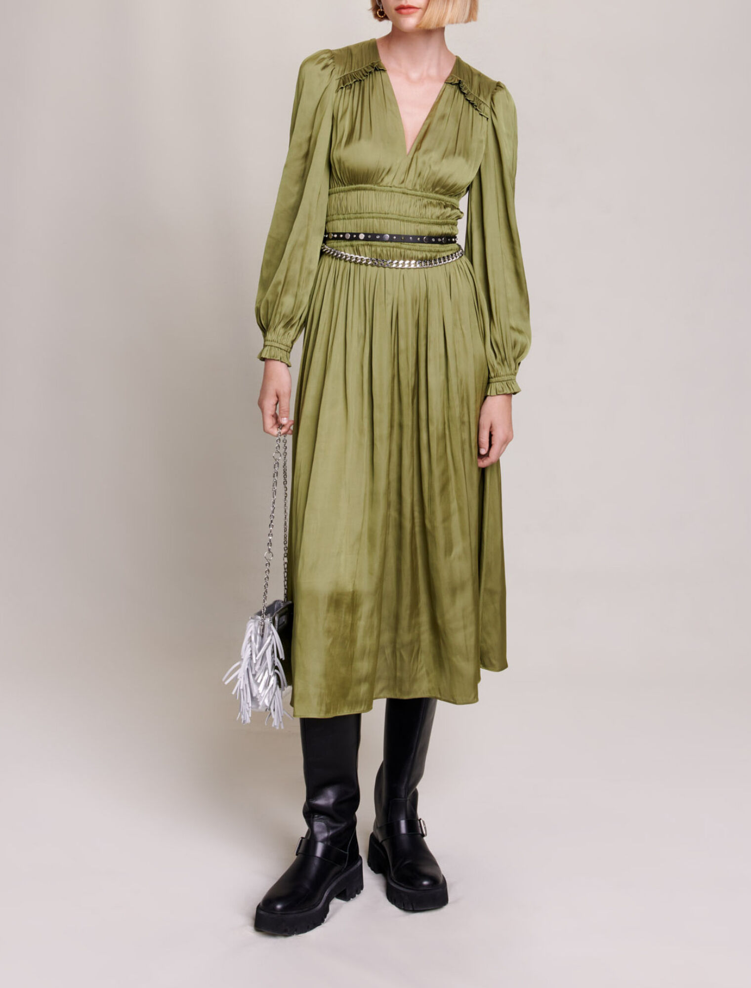 Satin-effect ruffled midi dress