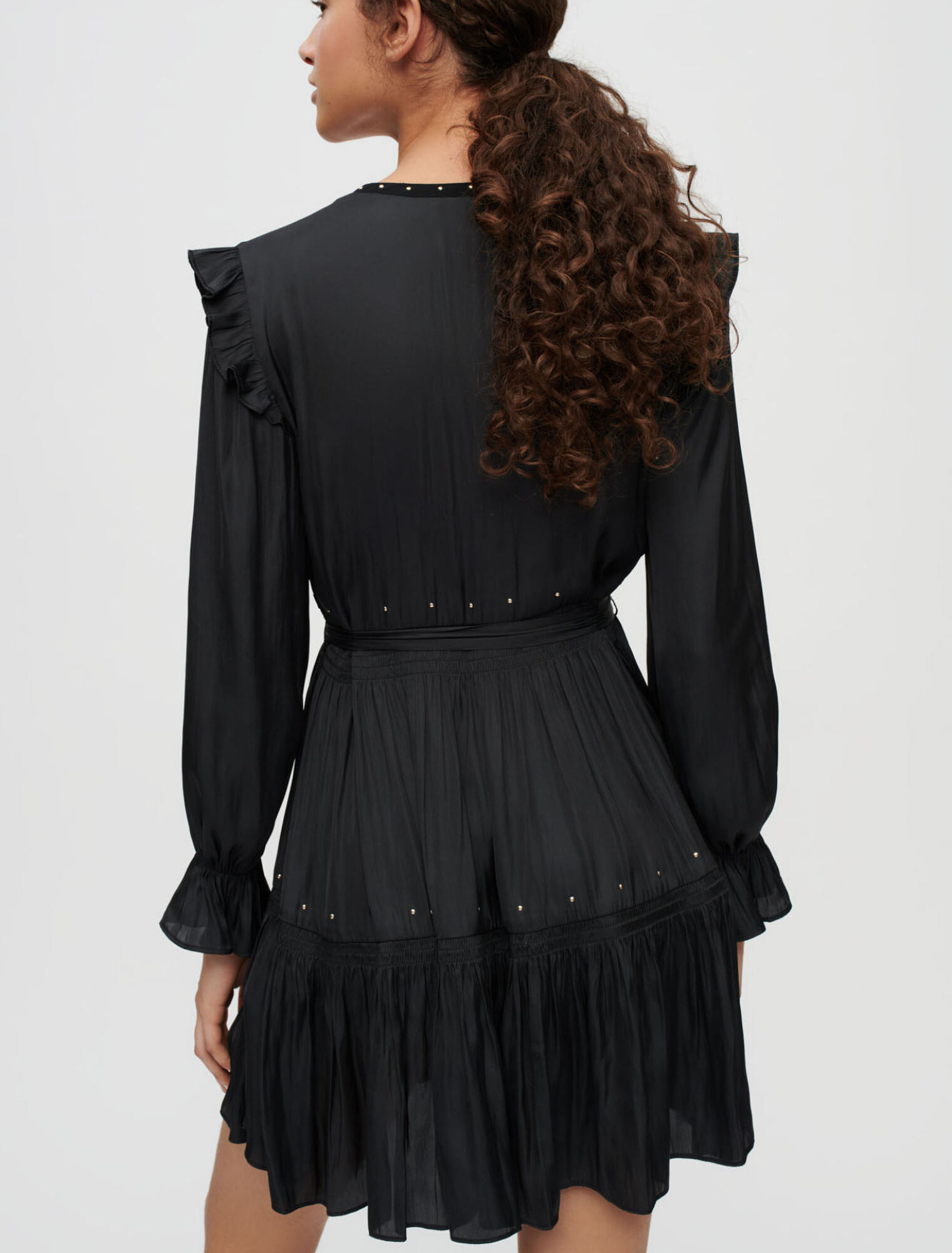 Black flowing satin dress, gold studs