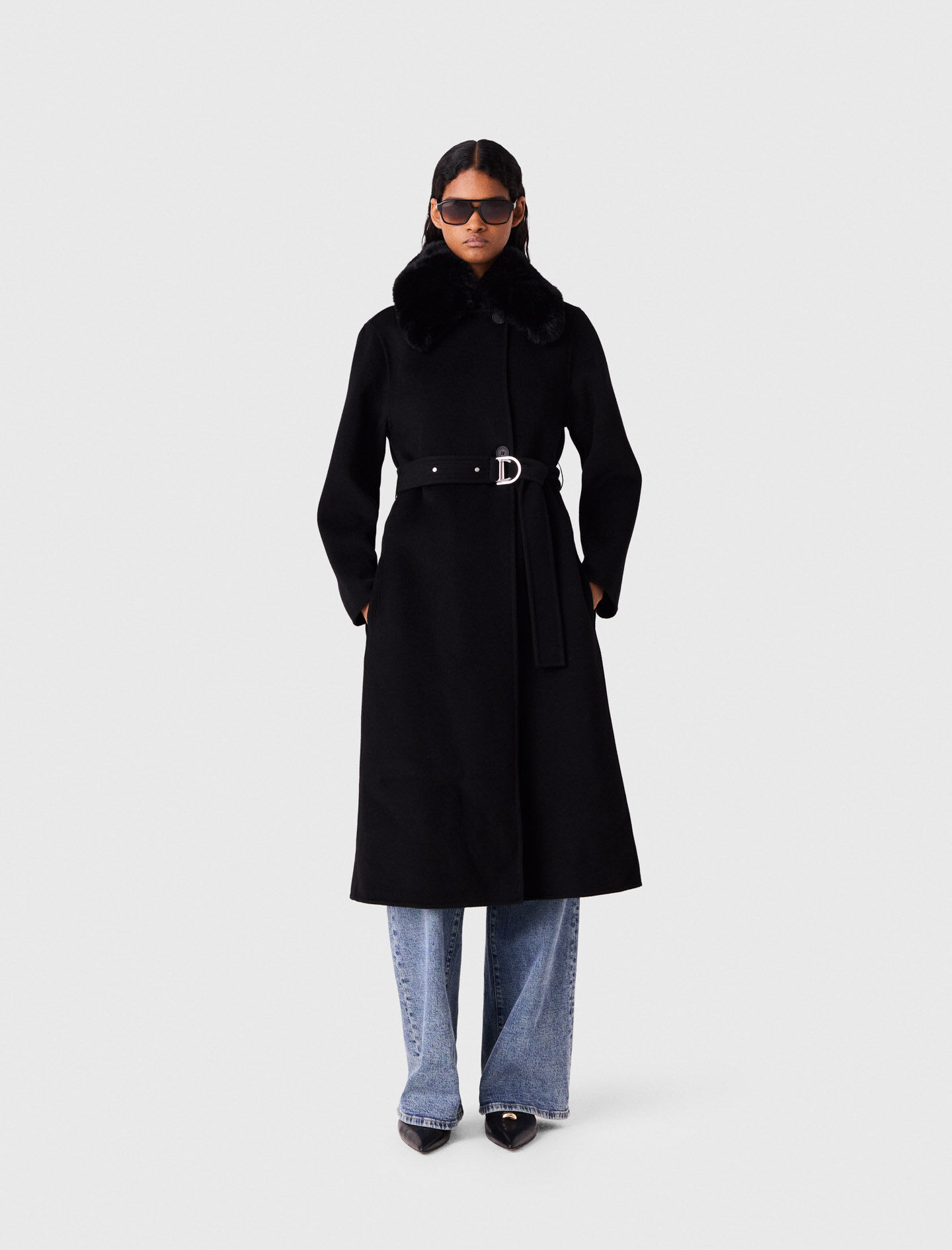 Double-faced coat with removable collar Black / Gray For Women | Maje