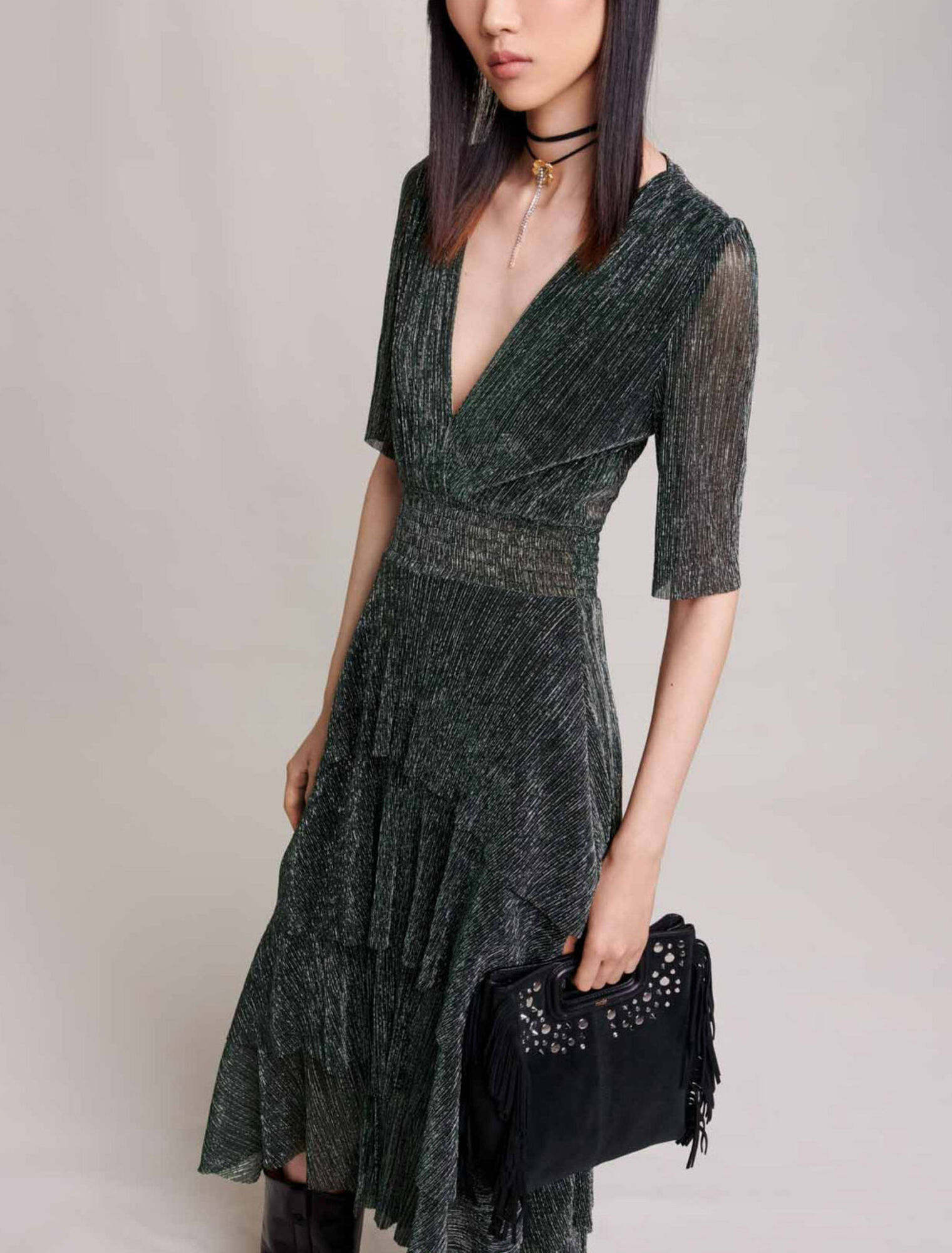Metallic fiber dress with ruffles