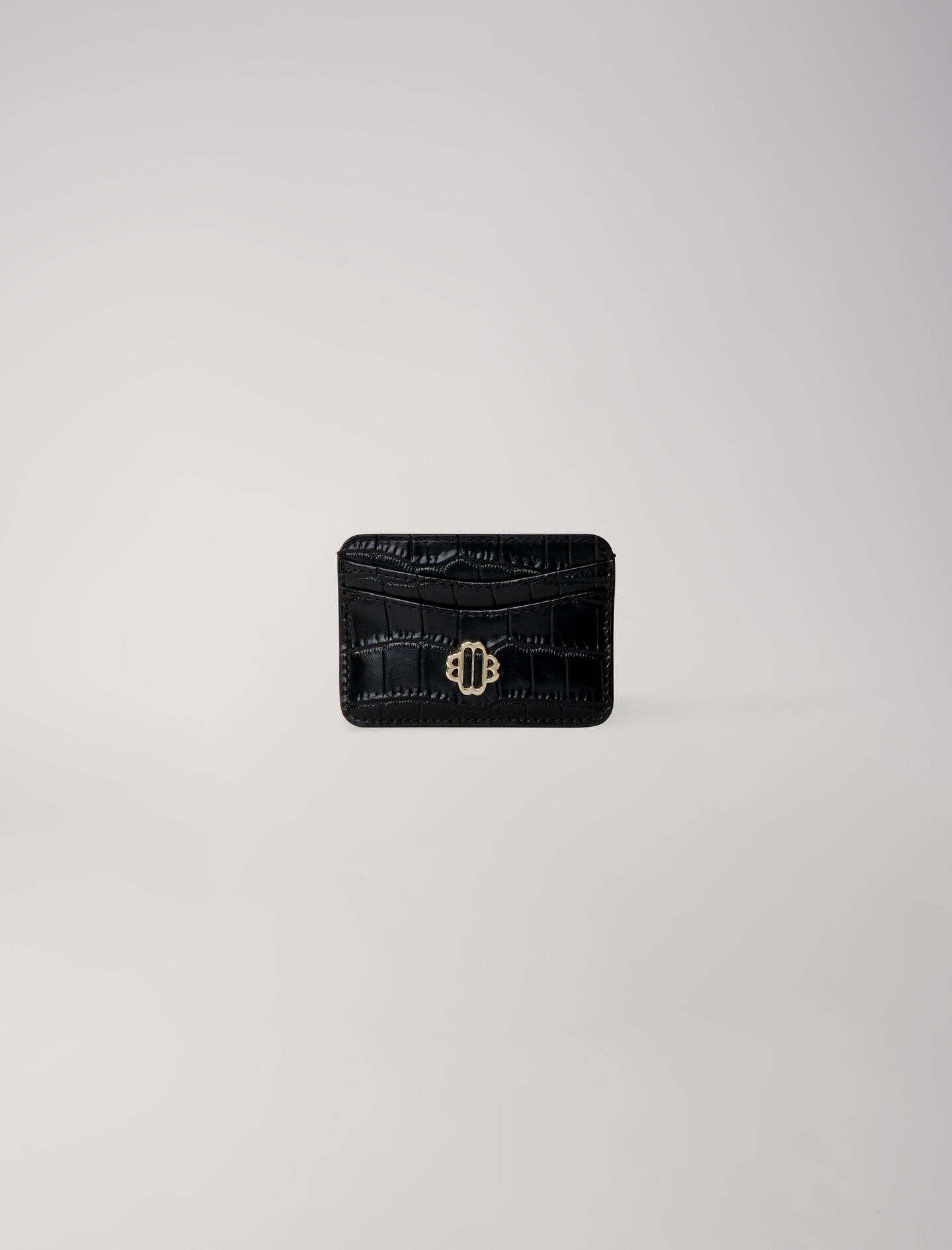 Mock croc embossed leather card case Black / Gray For Women | Maje