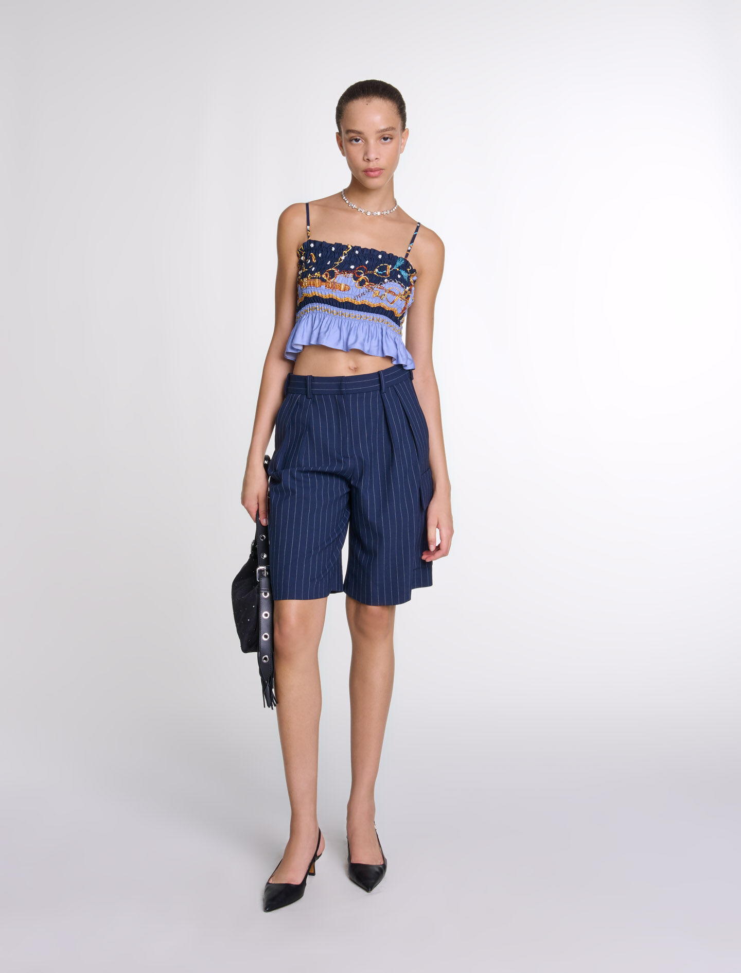 Satin-effect patterned short skirt Blue For Women | Maje