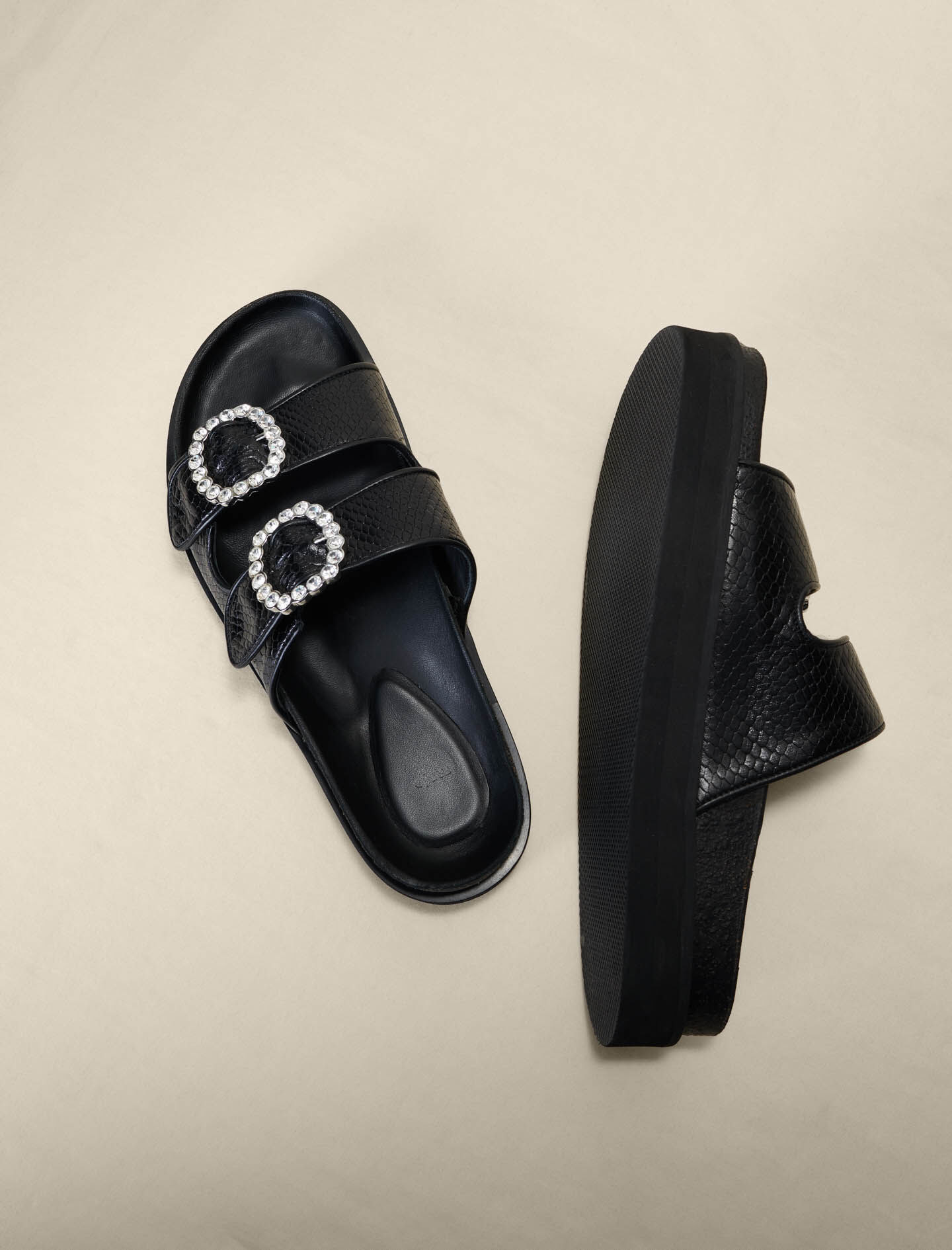 MAJE [マージ] Jewel Leather Strap Sandals Sandals with rhinestone buckles Black / Gray For Women | Maje