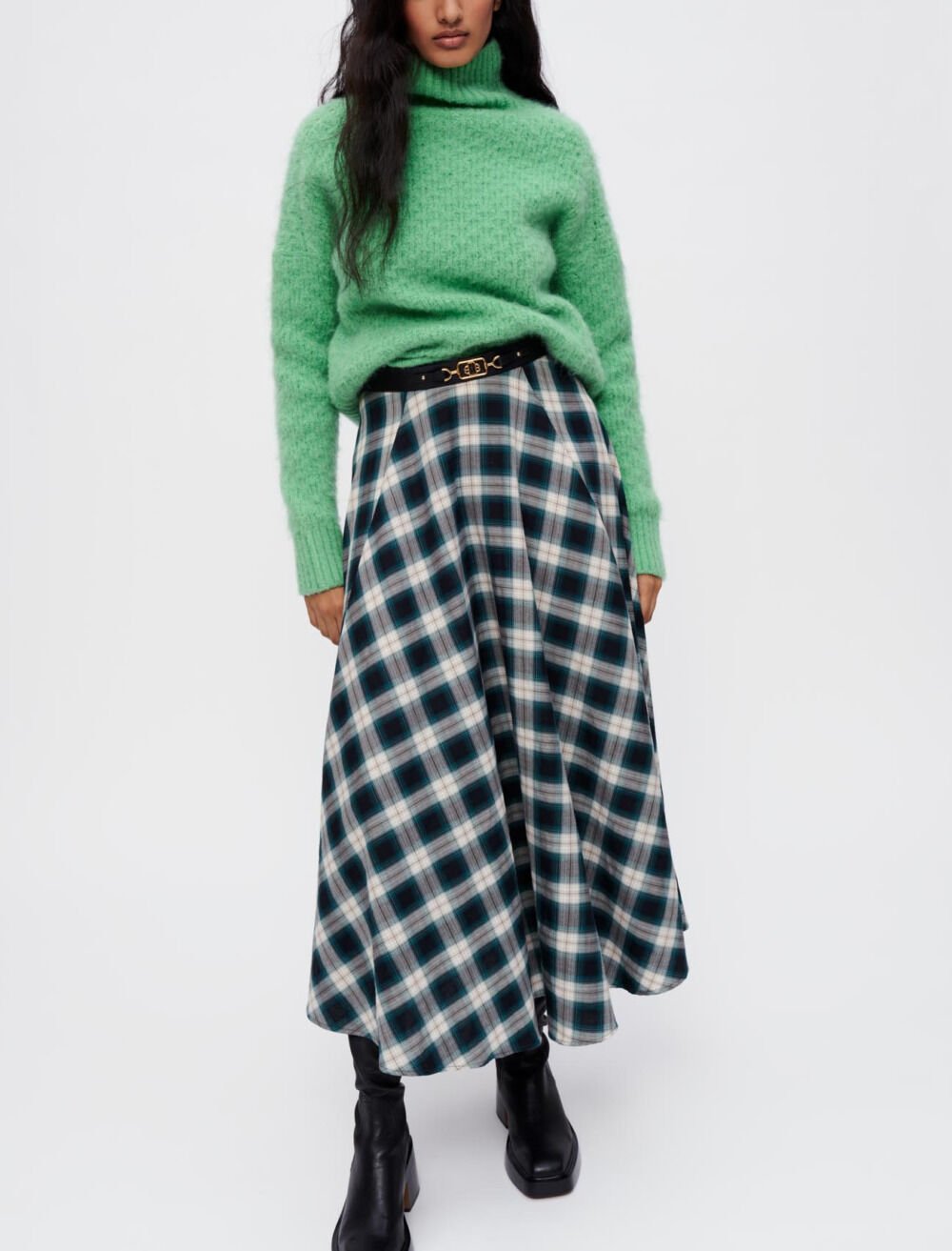 Green and white checked cotton skirt Green For Women | Maje