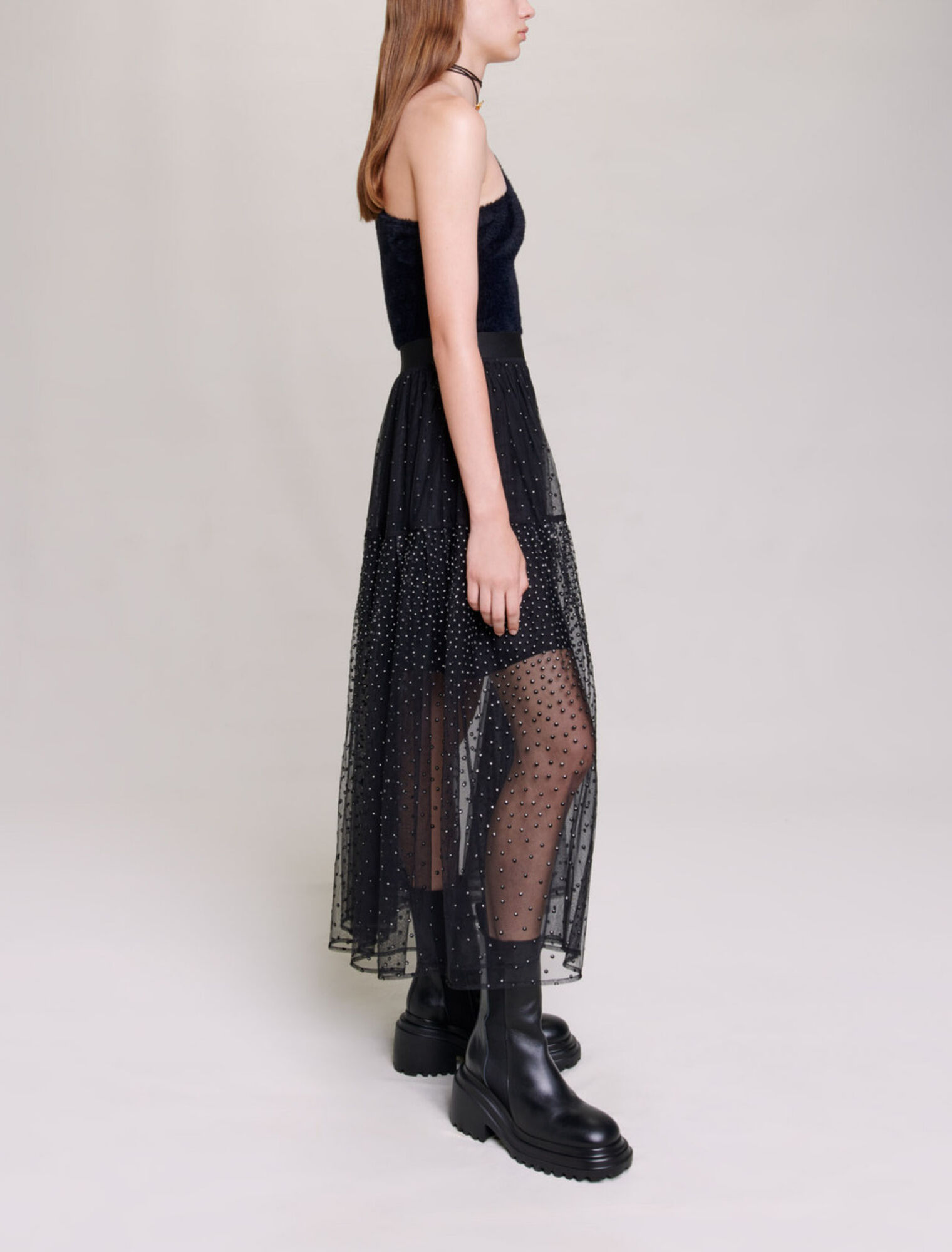 Glittery spotted long tulle skirt