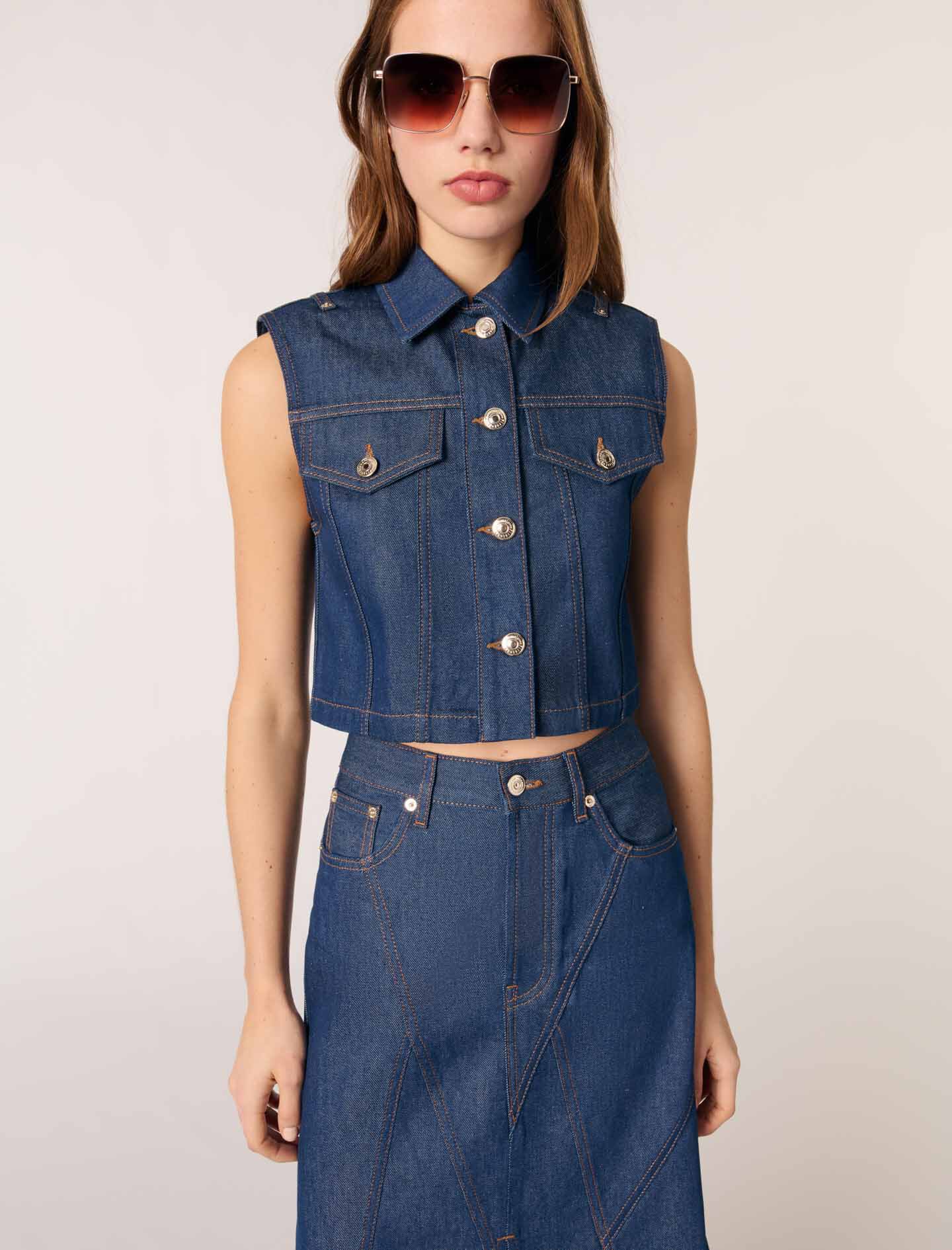 Denim cropped sleeveless jacket Blue For Women | Maje