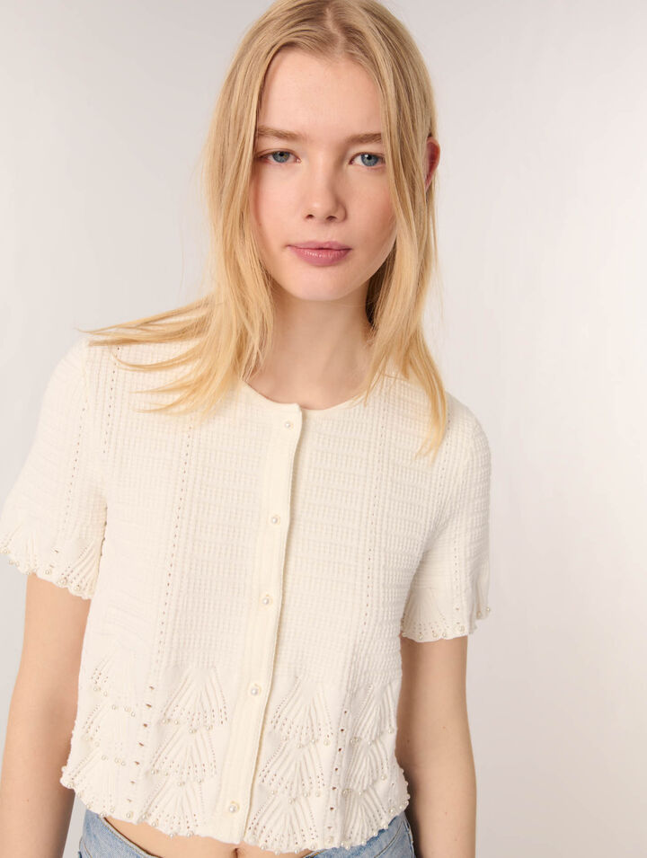 Pointelle knit short sleeve cardigan