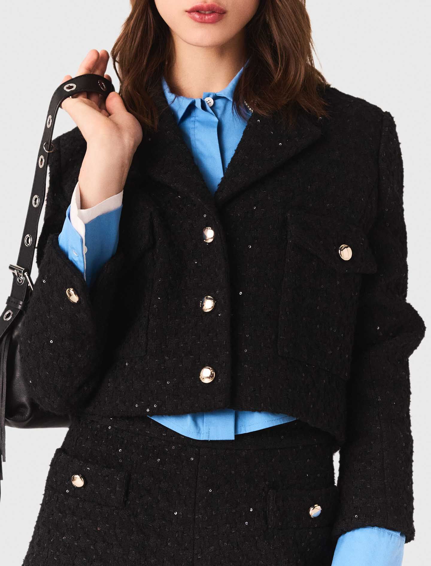 Short rhinestone tweed jacket Black / Gray For Women | Maje