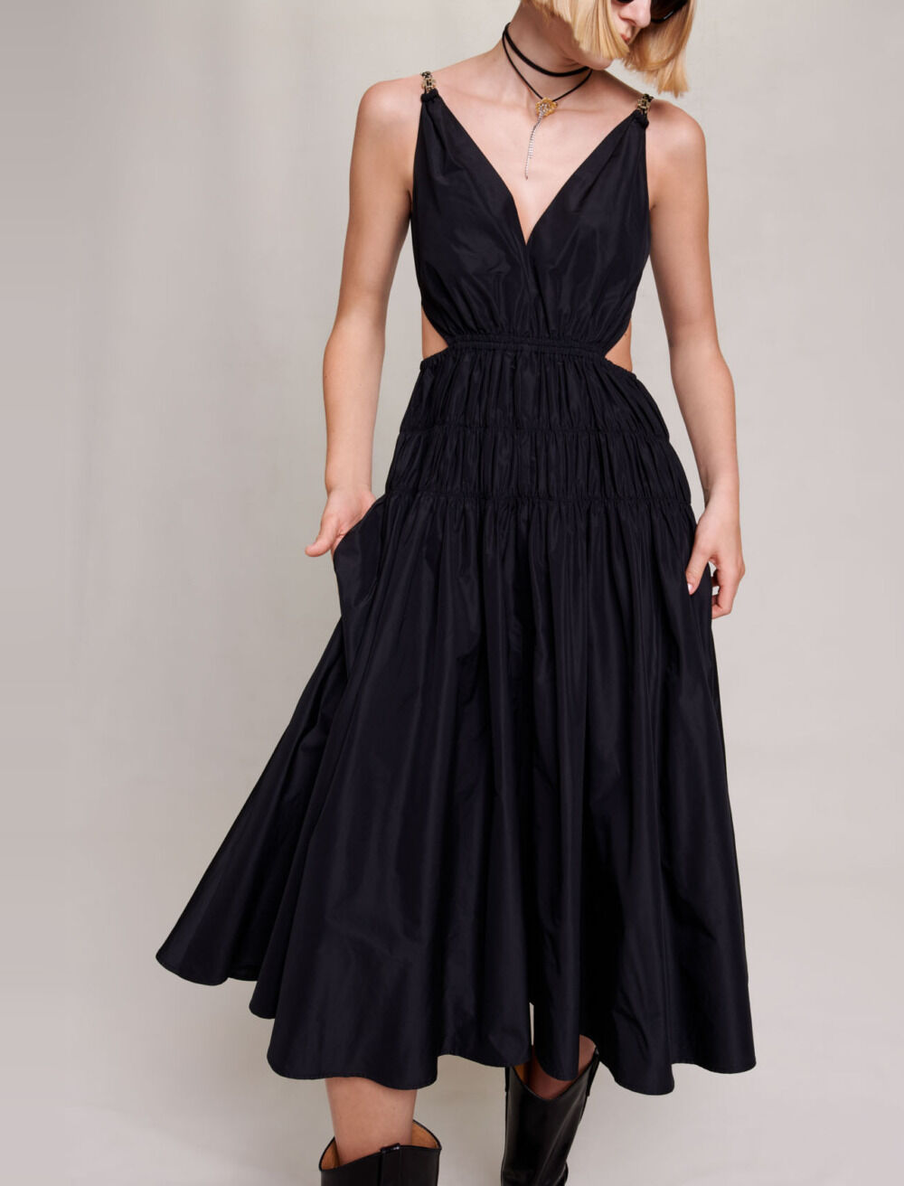 MAJE Cutout shirred taffeta midi dress | THE OUTNET