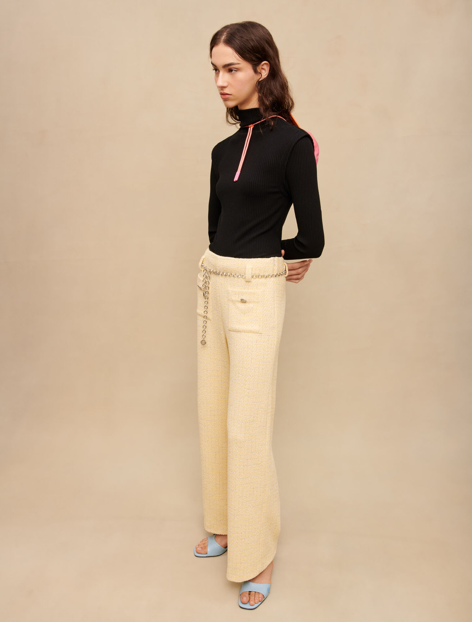 Yellow tweed belted trousers