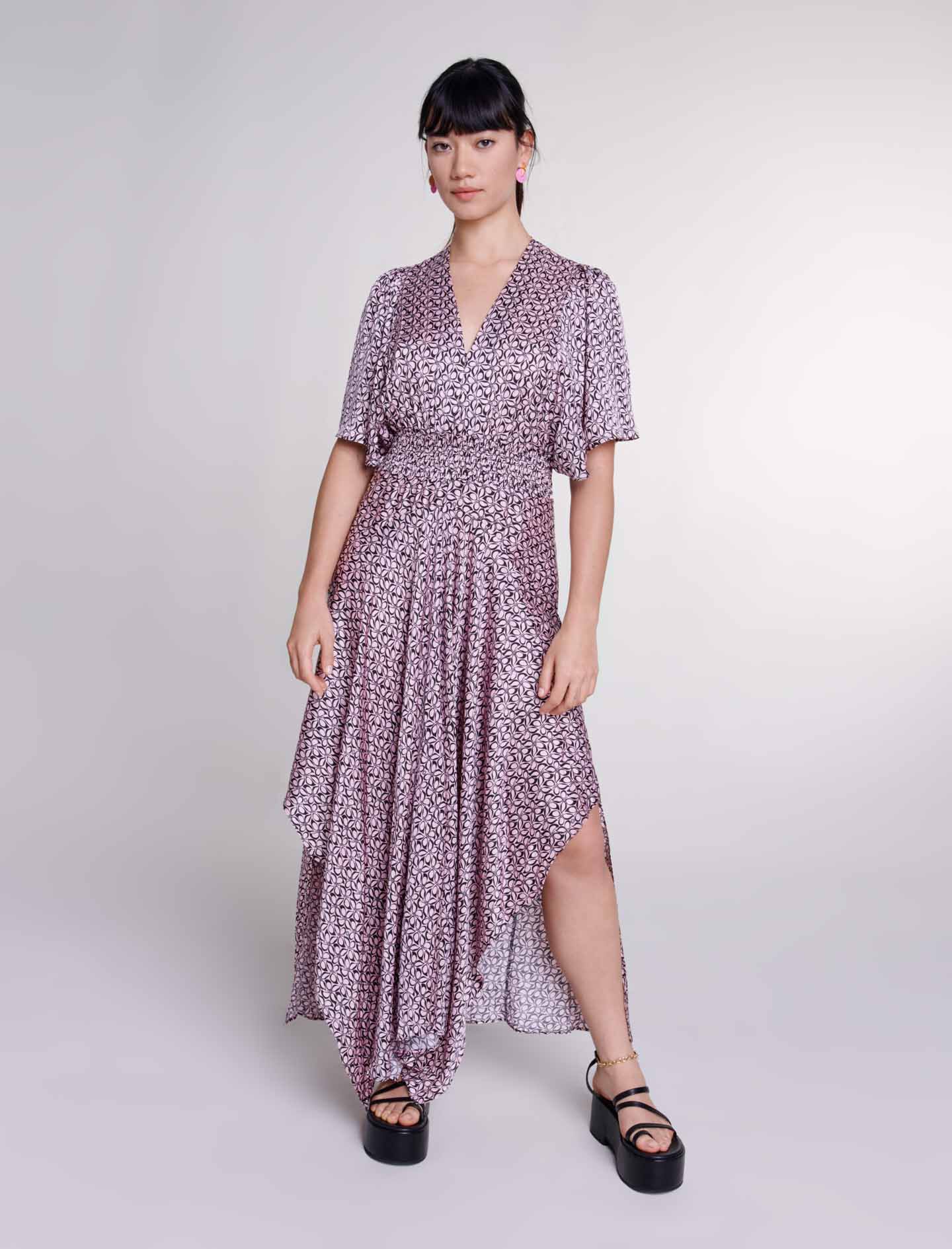Satin look patterned maxi dress Pink For Women Maje
