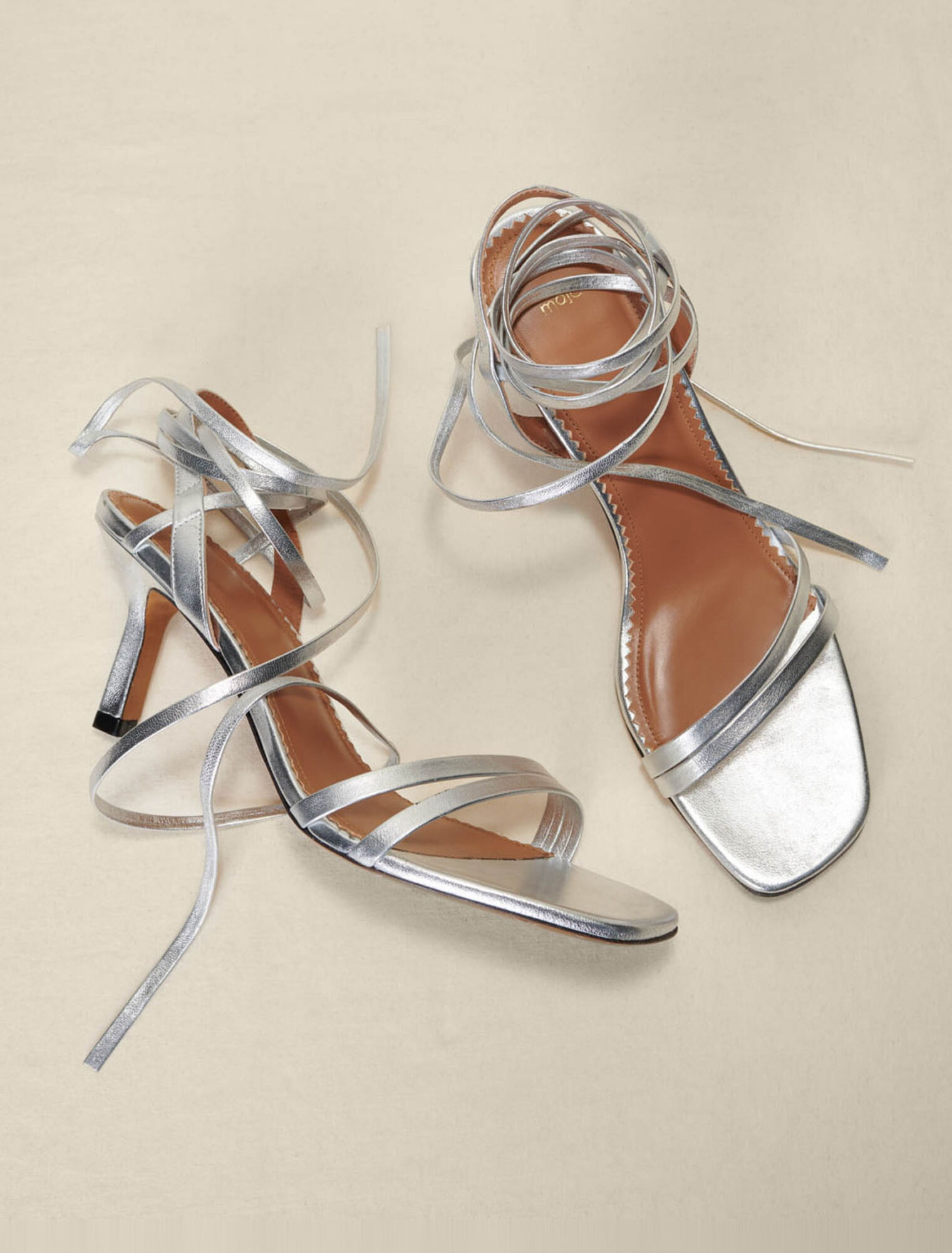 Silver leather lace-up sandals