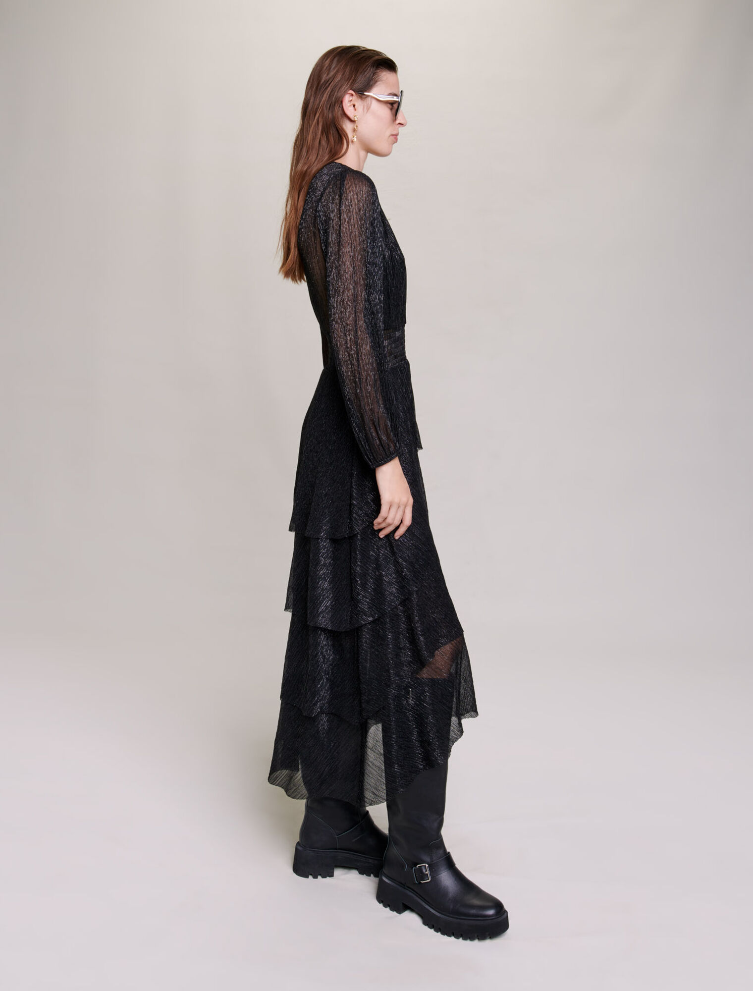 Pleated stretch lamé dress with ruffles