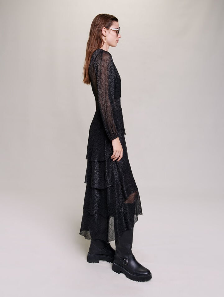 Pleated stretch lamé dress with ruffles