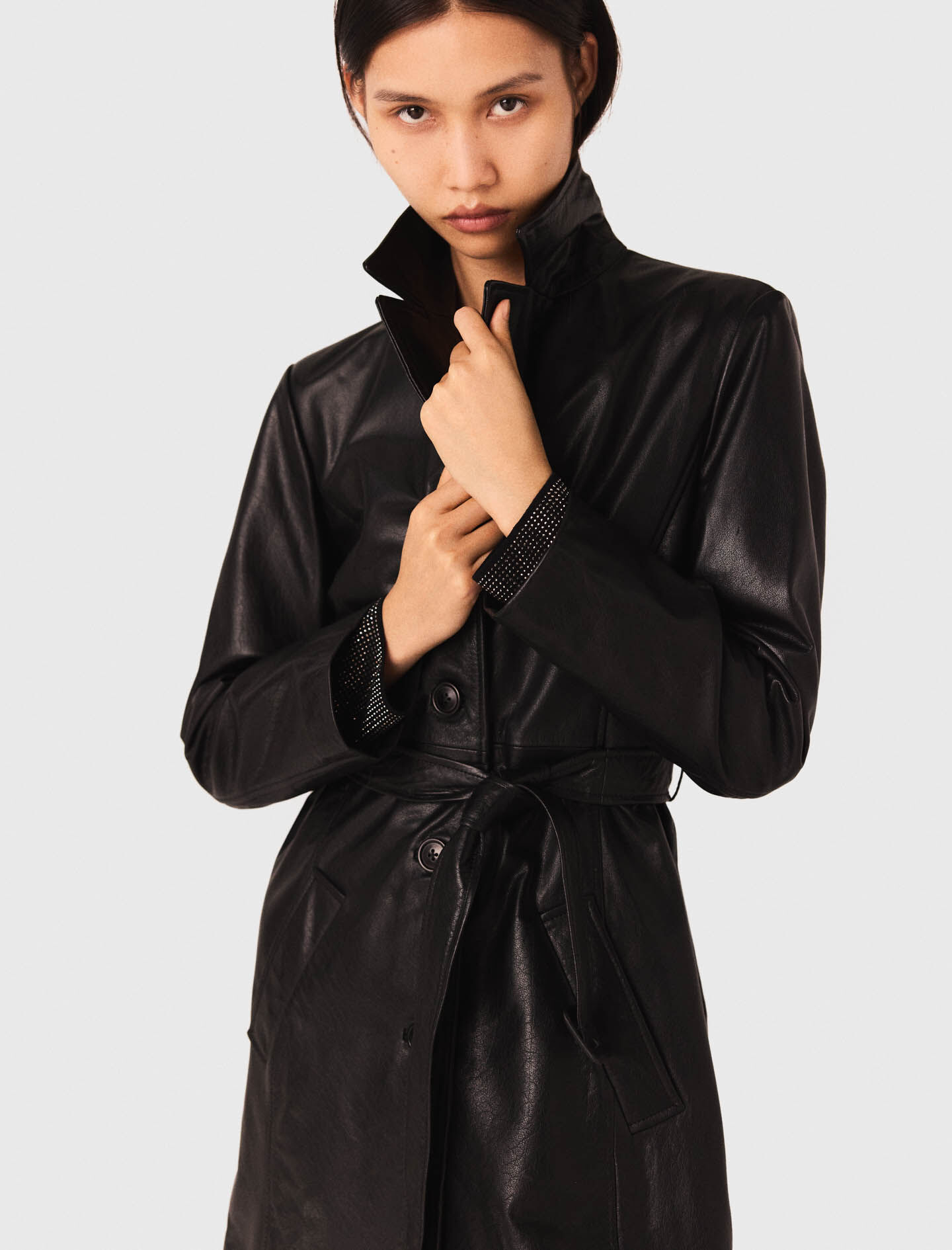 f*0様 HARAJUKU MOTHER LEATHER TRENCH COAT Long leather trench coat Black / Gray For Women | Maje