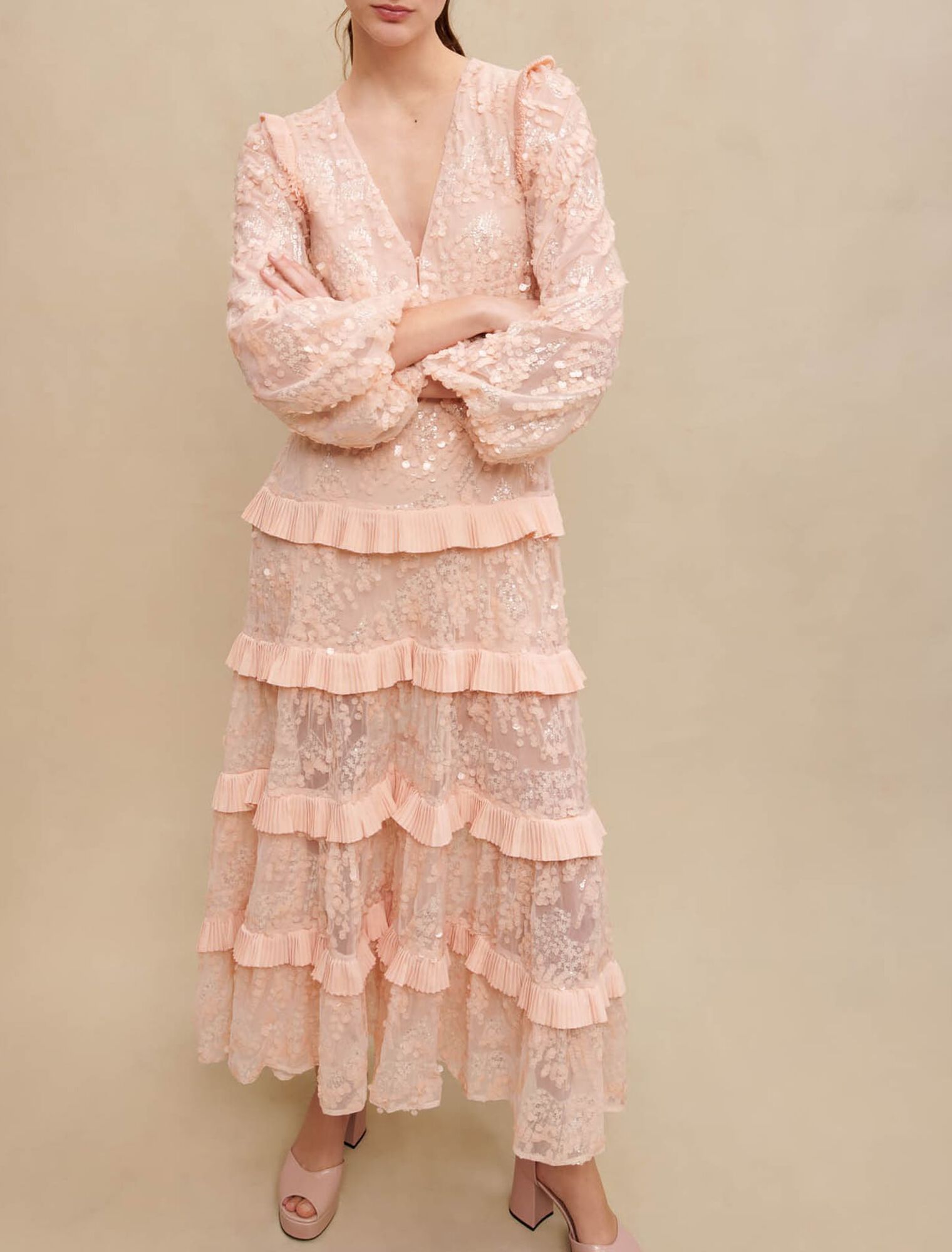 Long ruffled sequinned dress
