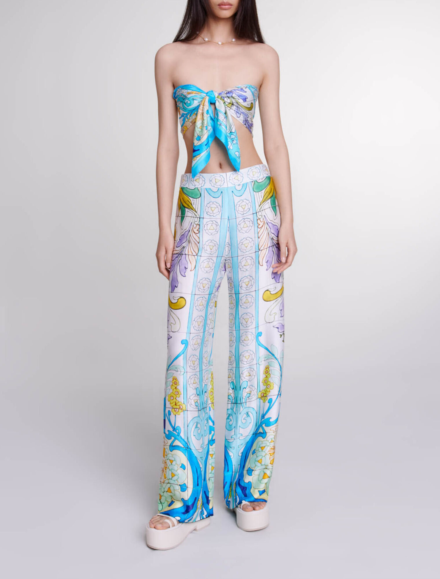 Patterned satin-effect trousers