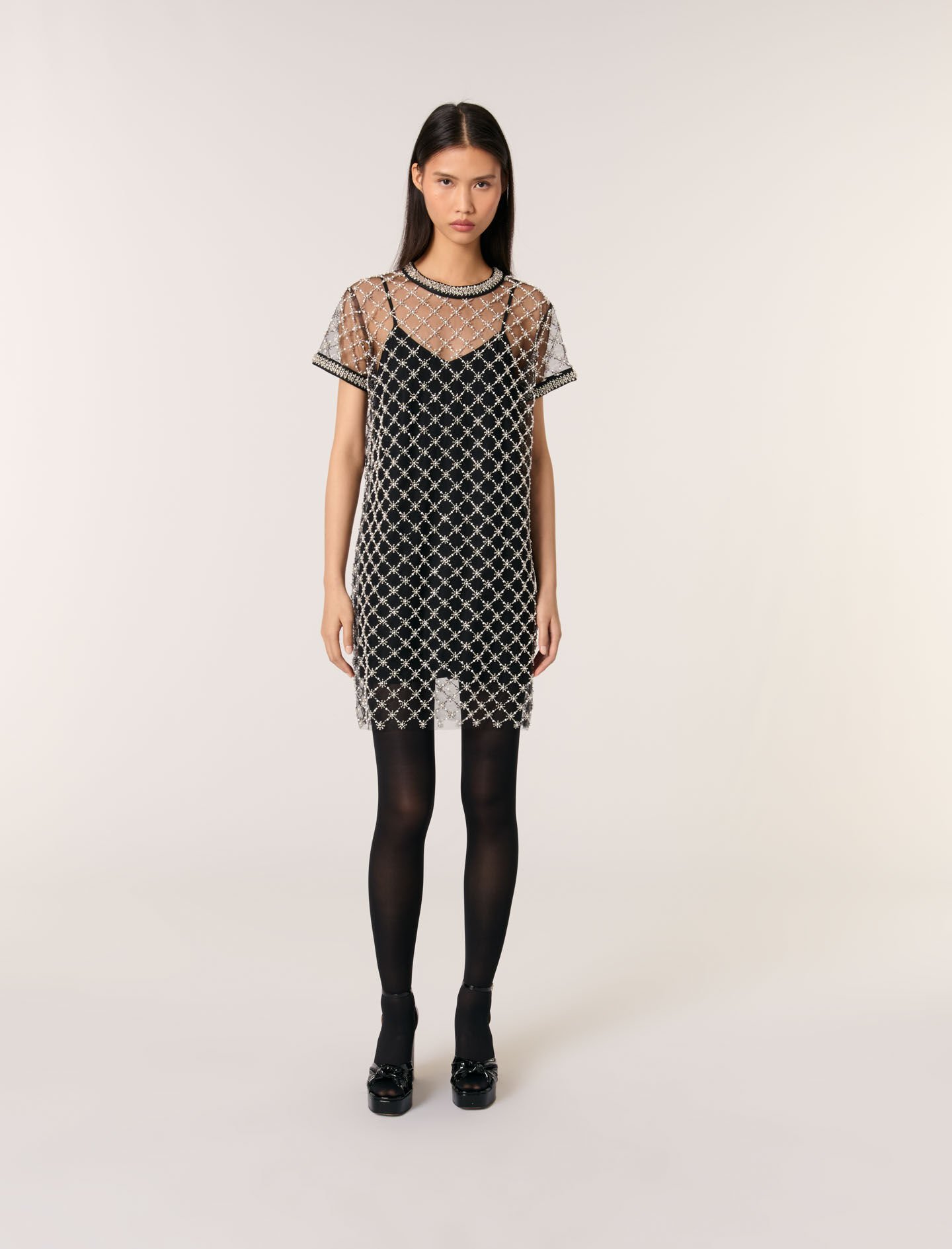 【即出荷】 Gray / Black dress tulle embroidered Short For Maje | Women ひざ丈ワンピース