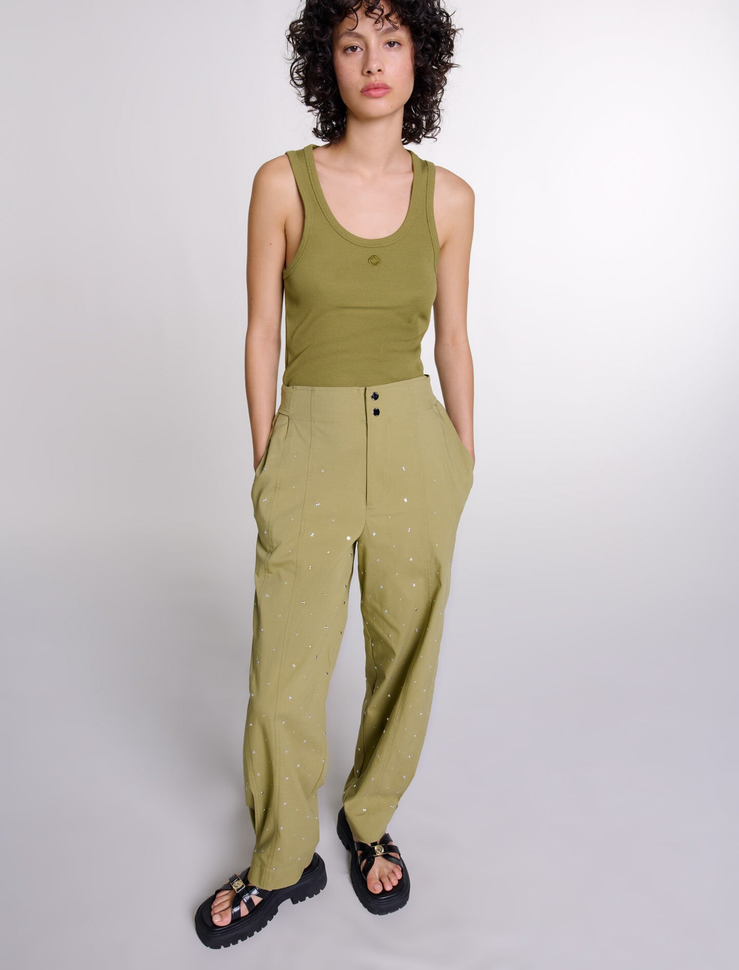 Studded baggy trousers Brown For Women | Maje