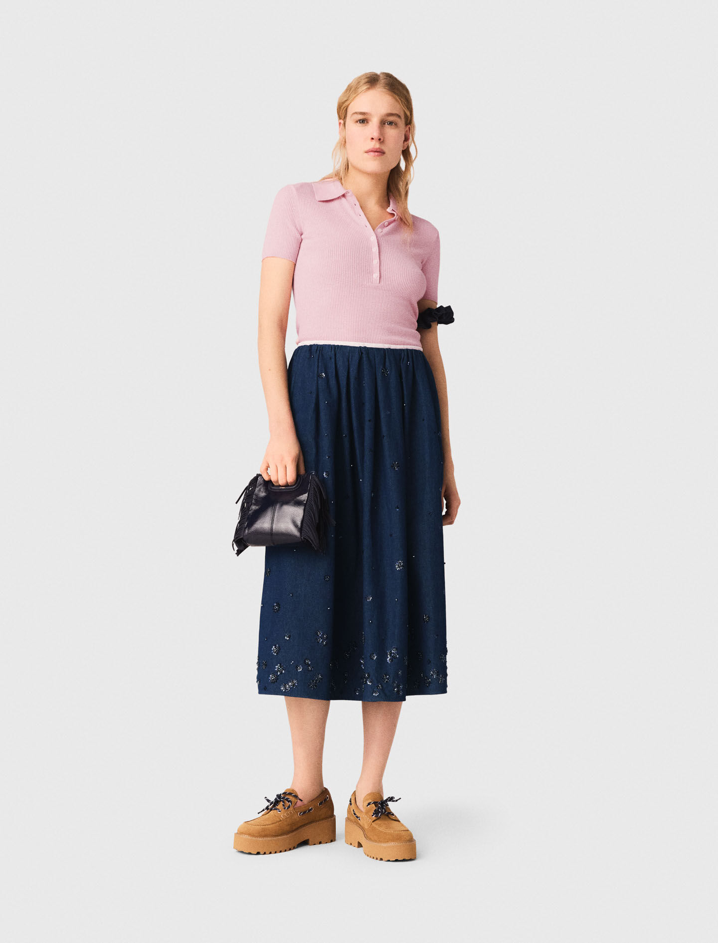 Embroidered denim midi skirt Blue For Women | Maje