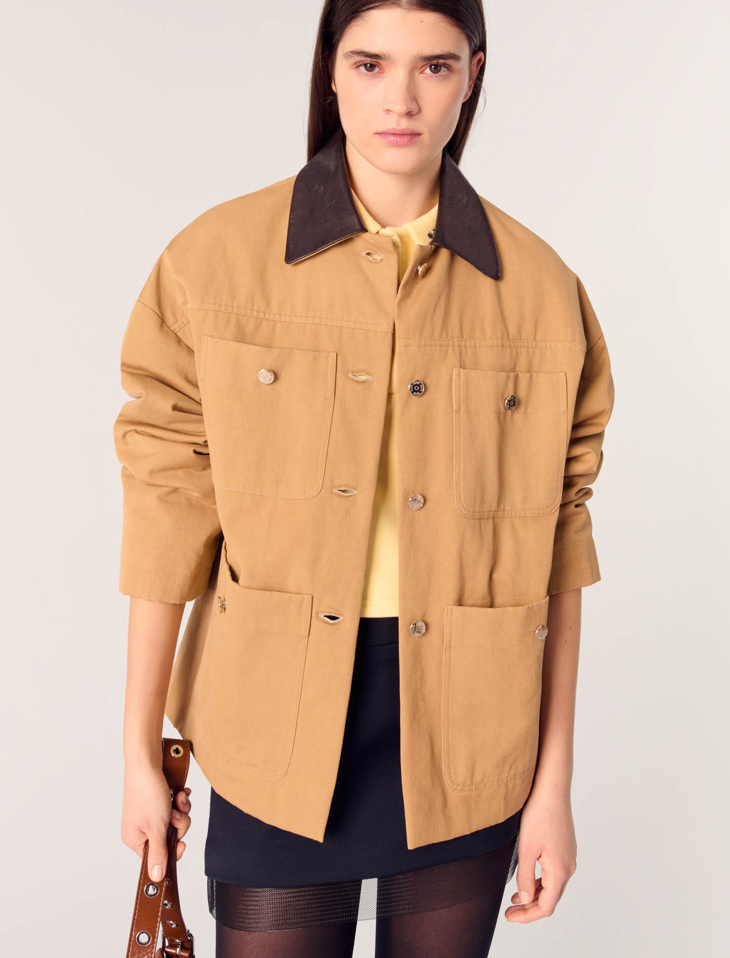 Cotton coat with leather collar Natural For Women | Maje