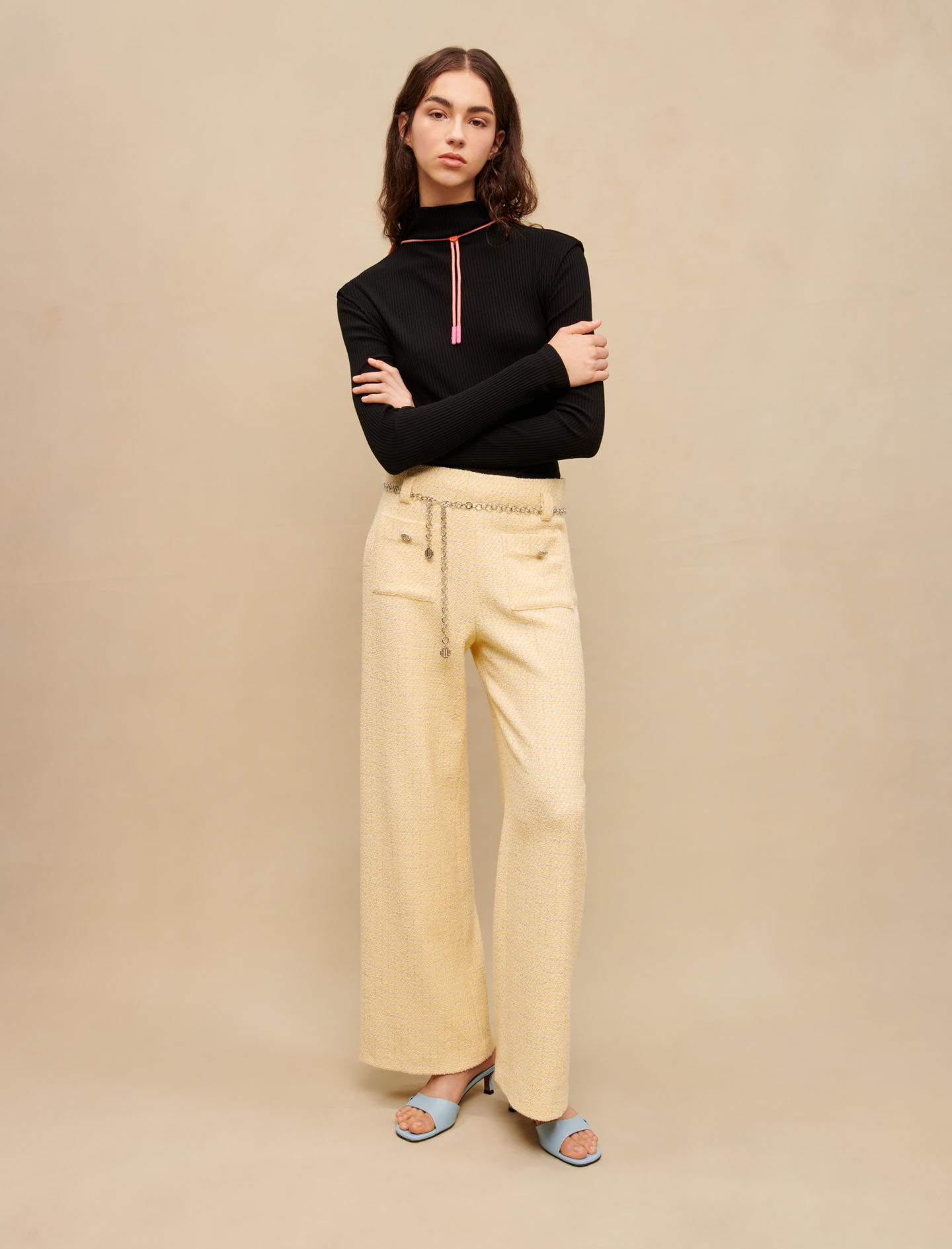 Yellow tweed belted trousers