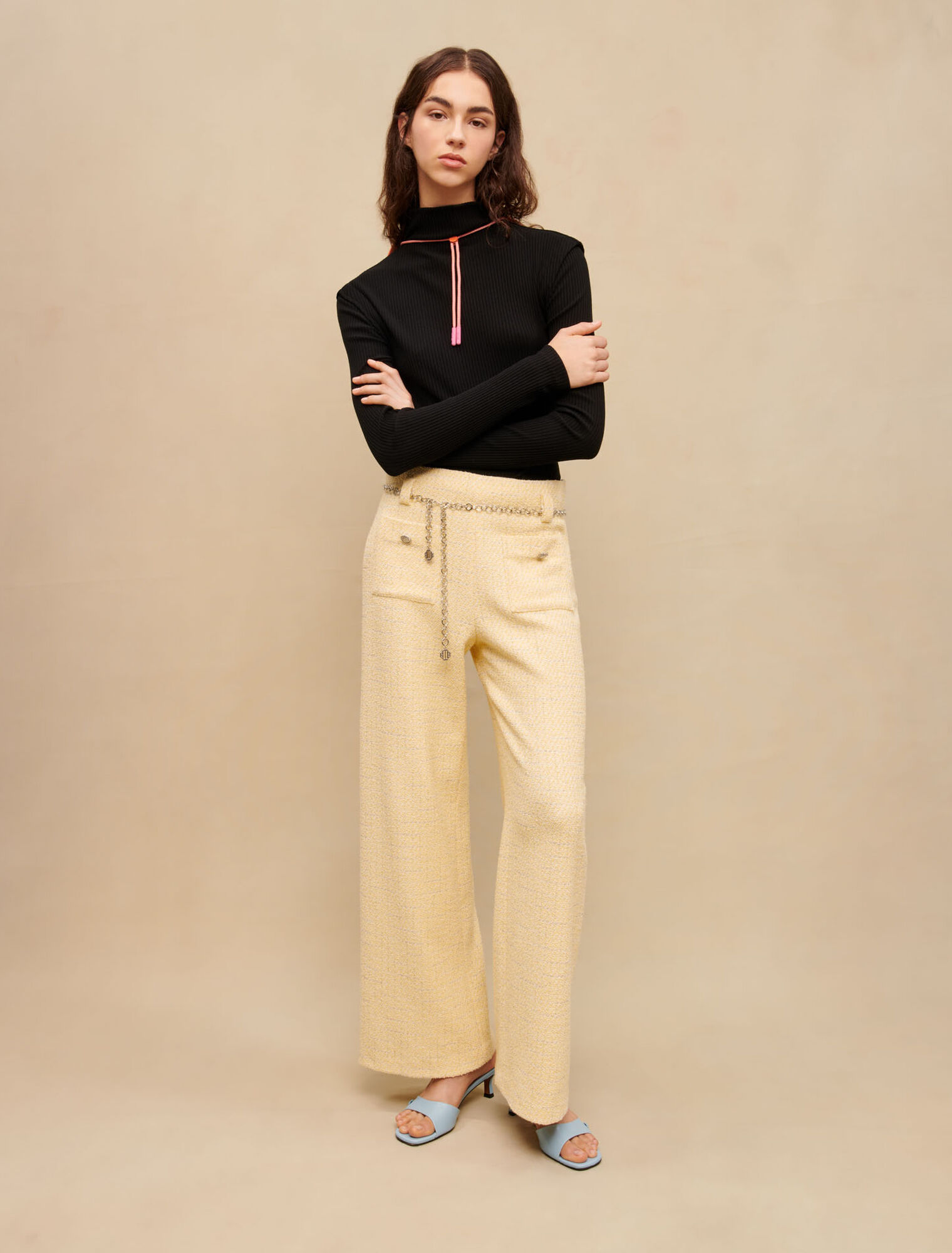 Yellow tweed belted trousers