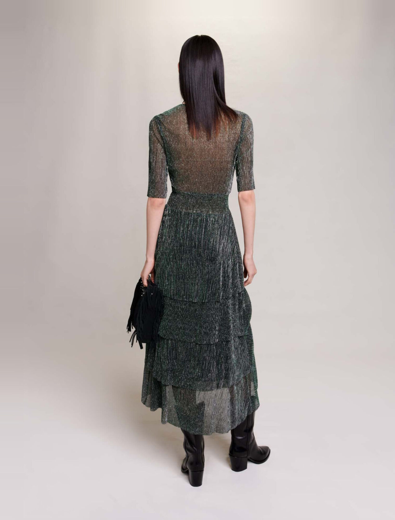Metallic fiber dress with ruffles
