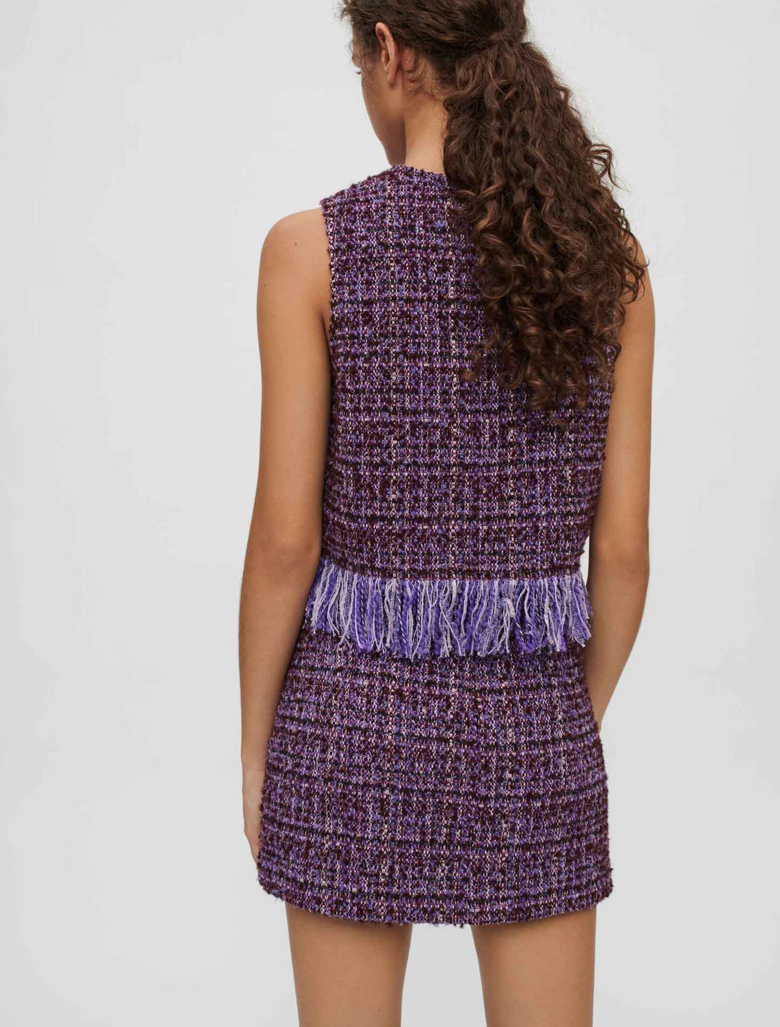 Purple tweed sleeveless fringed top