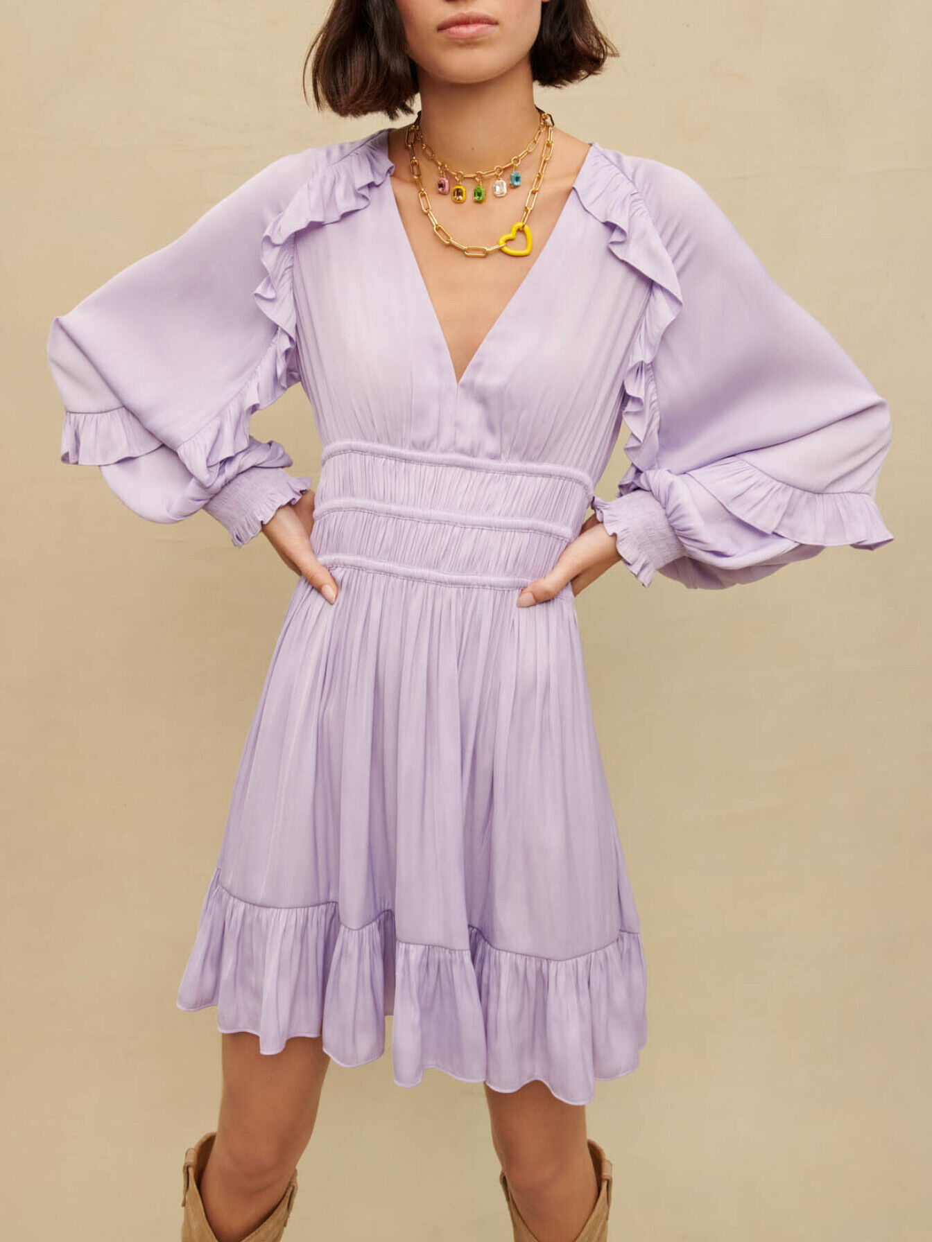 Short satiny dress with ruffles Purple For Women | Maje