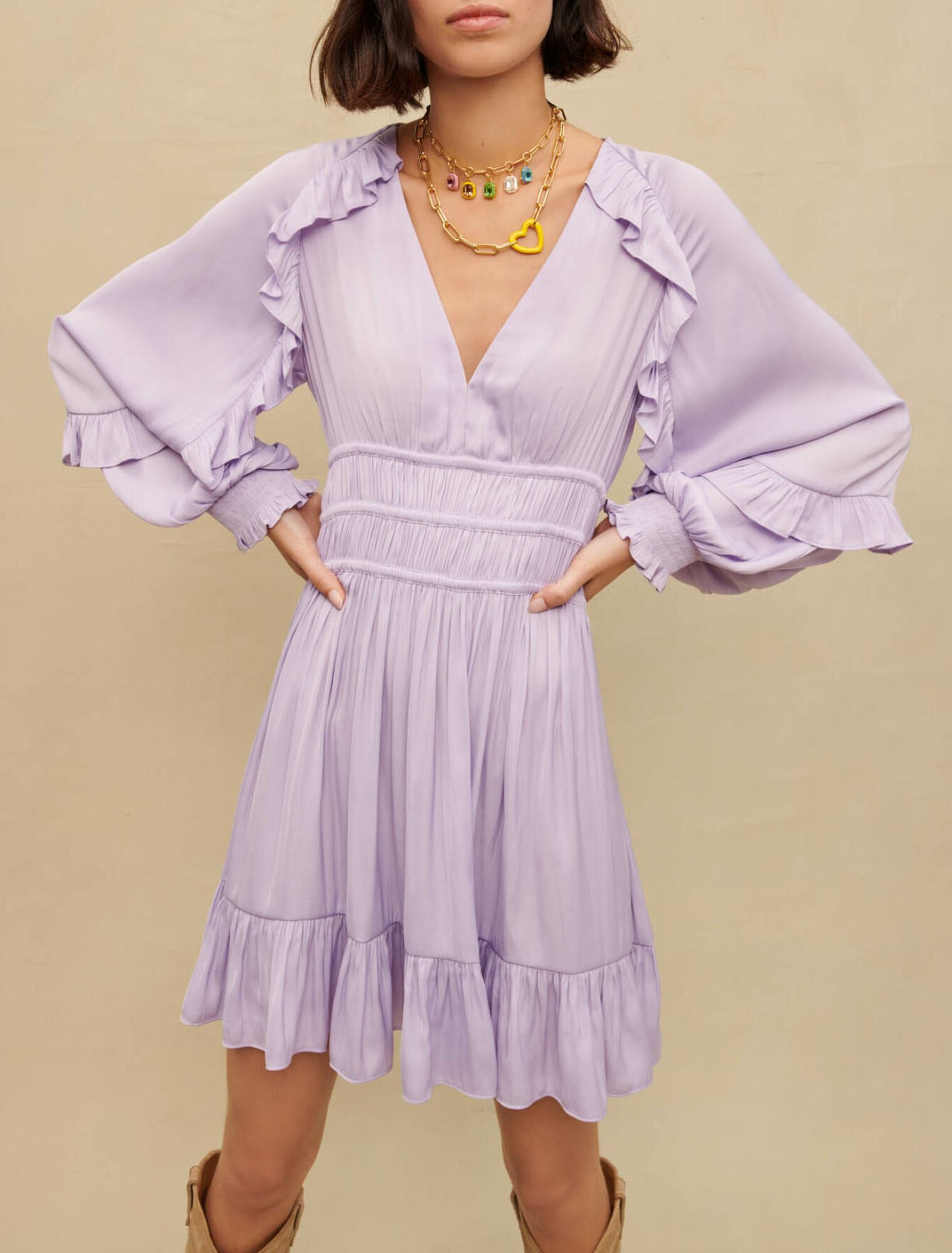 Short satiny dress with ruffles