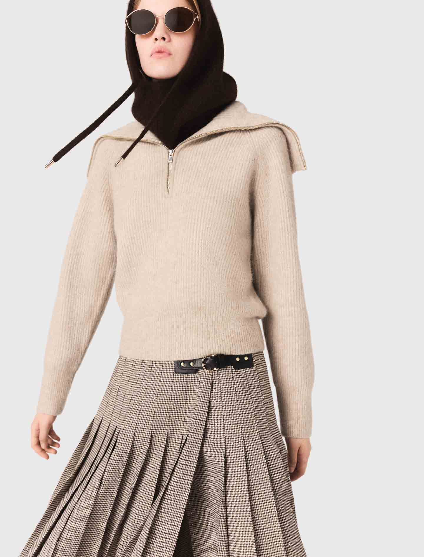 Rhinestone jumper with half-zip collar Natural For Women | Maje