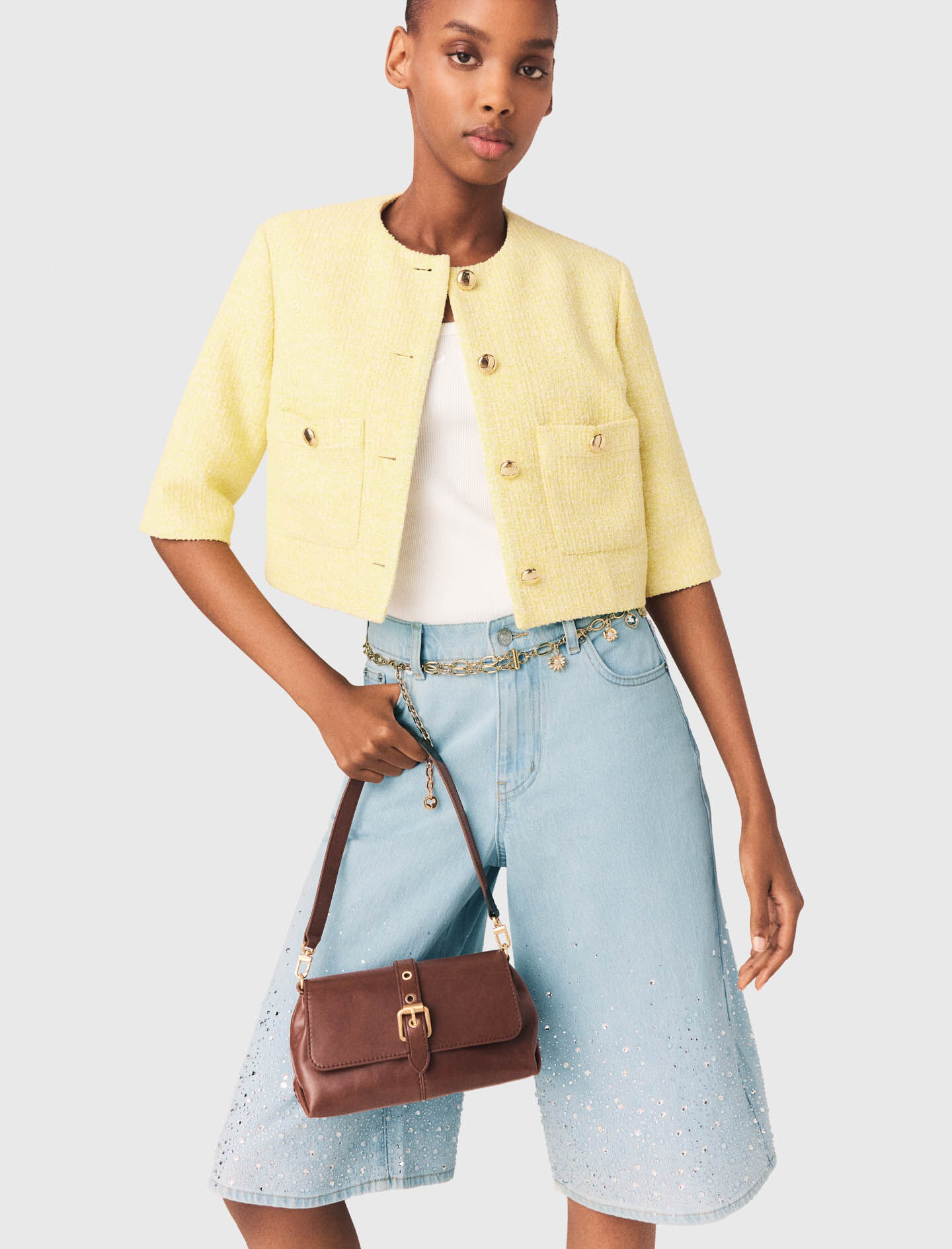 Short-sleeved tweed jacket Yellow / Orange For Women | Maje
