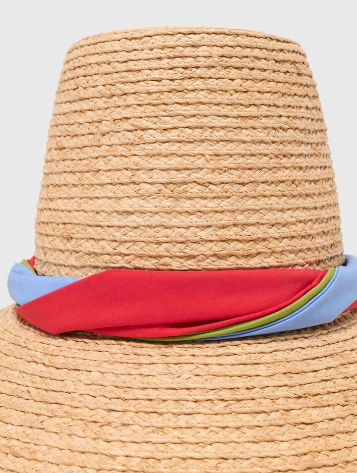 Raffia hat with printed ribbon